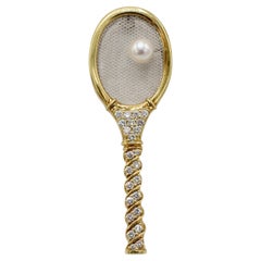 Vintage Kurt Gaum 18 Karat Yellow Gold Natural Diamond & Pearl Tennis Racket Pin