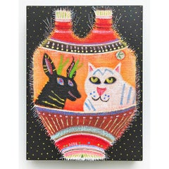 „Kitty Krater“ Gemälde – Abstrakt, schwarz, orange, blau, weiß, Katze