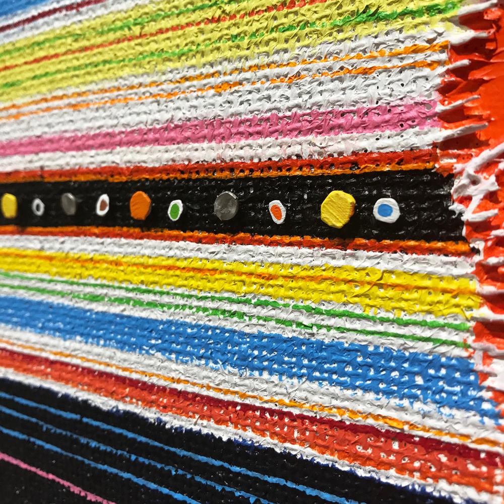 „Squid Machine“-Gemälde – schwarz, orange, blau, weiß, rot, gelb, grün, rosa (Abstrakt), Mixed Media Art, von Kurt Herrmann