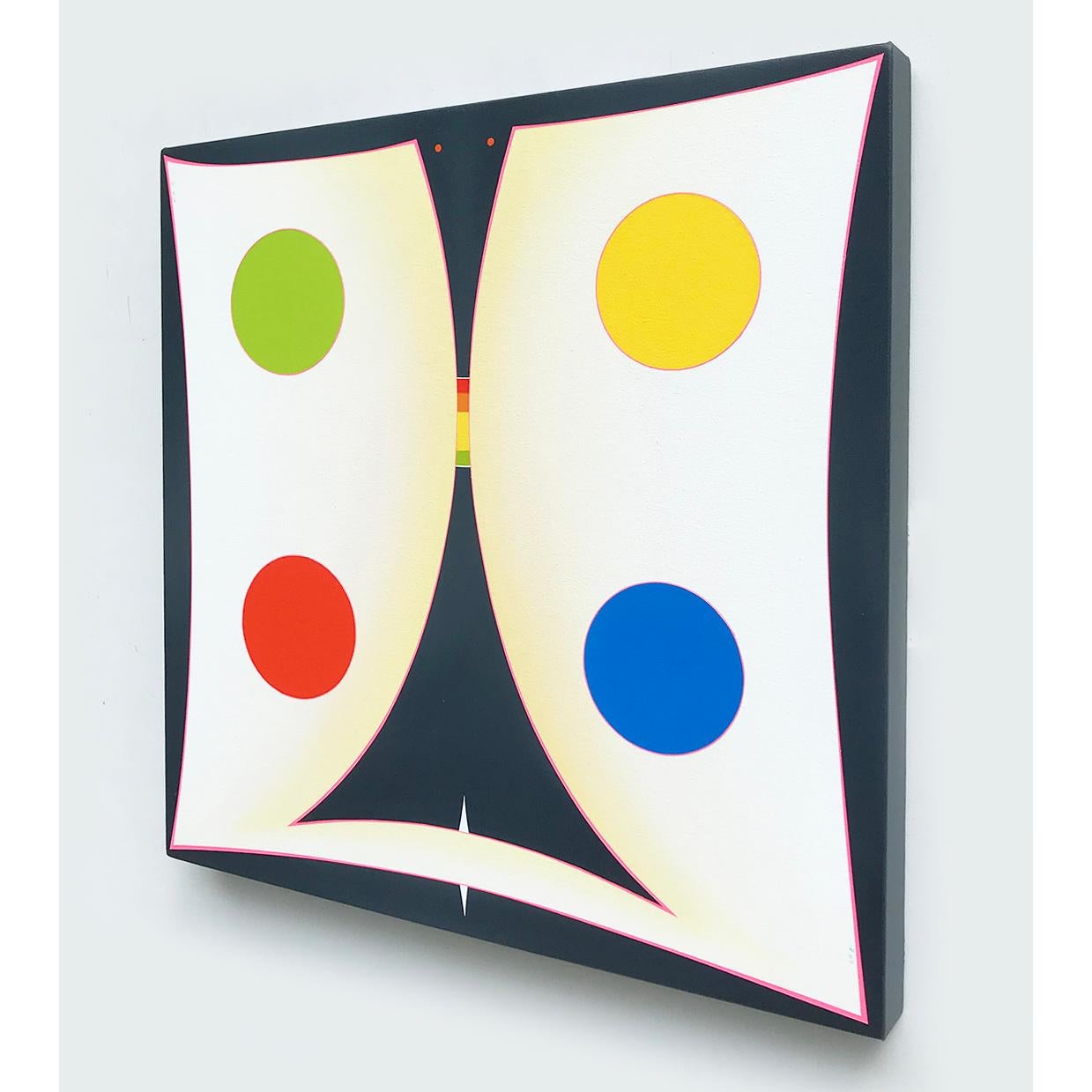 In Could Anvil, Kurt Herrmann channels his signature colorist instinct into a vivid, multichromatic geometric abstraction rendered in black, white, and primary colors. Executed on a square canvas with hard-edge precision and exacting clarity, the