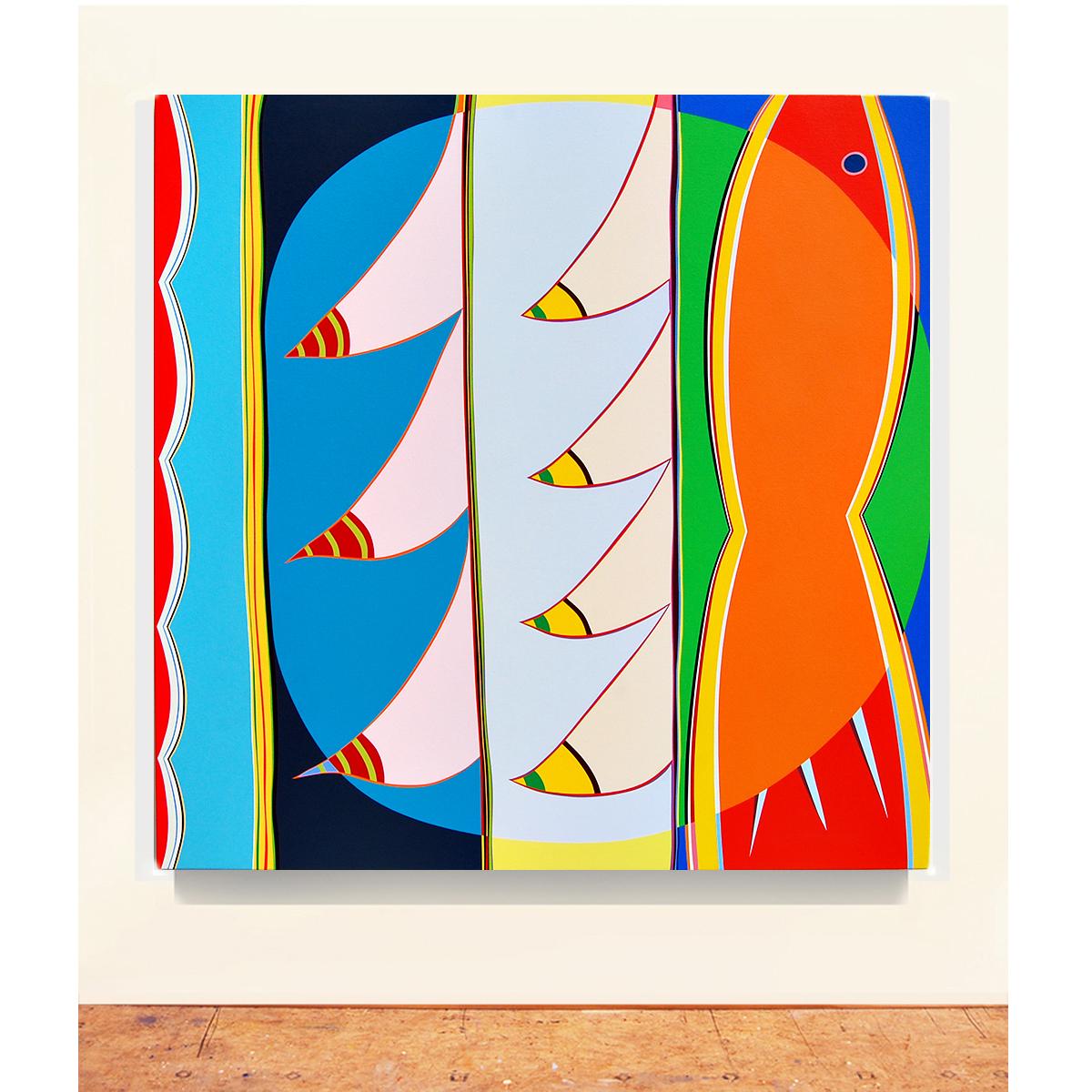 „Naxos“ Gemälde – Hartkante, Farb Bombe, kühn, blau, grün, orange-rot – Painting von Kurt Herrmann