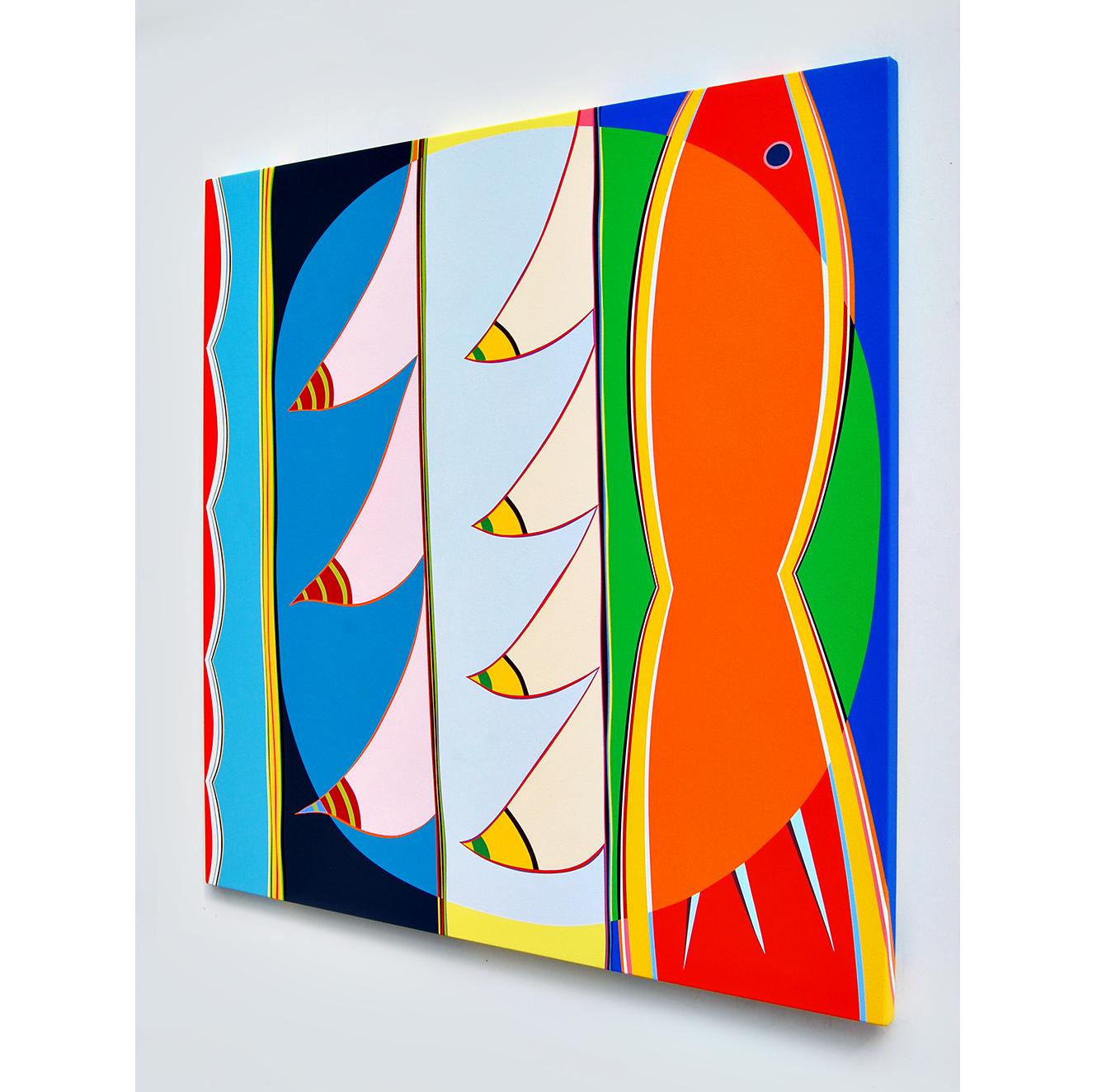 „Naxos“ Gemälde – Hartkante, Farb Bombe, kühn, blau, grün, orange-rot (Hard Edge), Painting, von Kurt Herrmann