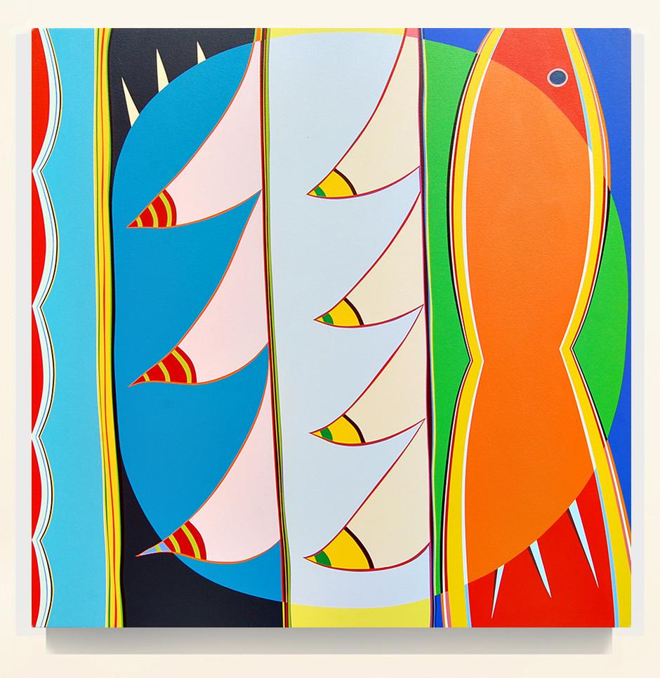 Kurt Herrmann Abstract Painting - "Naxos" Painting - Hard edge, color bomb, bold, blue, green, orange red