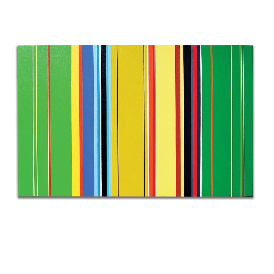 Kurt Herrmann Landscape Painting - "The Katydids Rush Me" Painting - blue, white, red, yellow, green, stripes