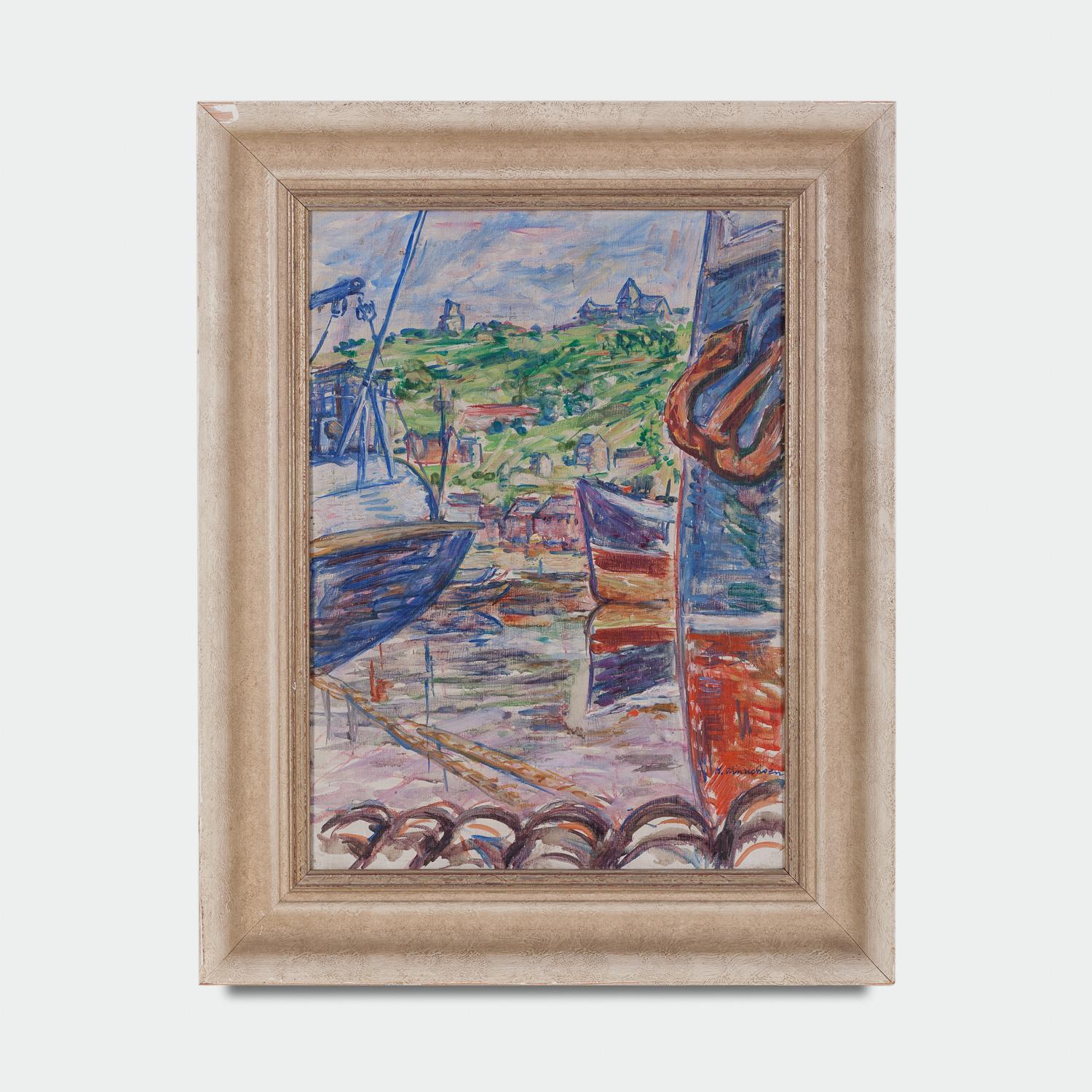 20th century oil on board painting of boats in a harbour by Kurt Hinrichsen (1901-1963). Signed in the lower right corner.

Frame measurements – Height 59cm x 45cm. Painting measurements – Height 43.5cm x Width 31.5cm.


Kurt Hinrichsen was a Swiss