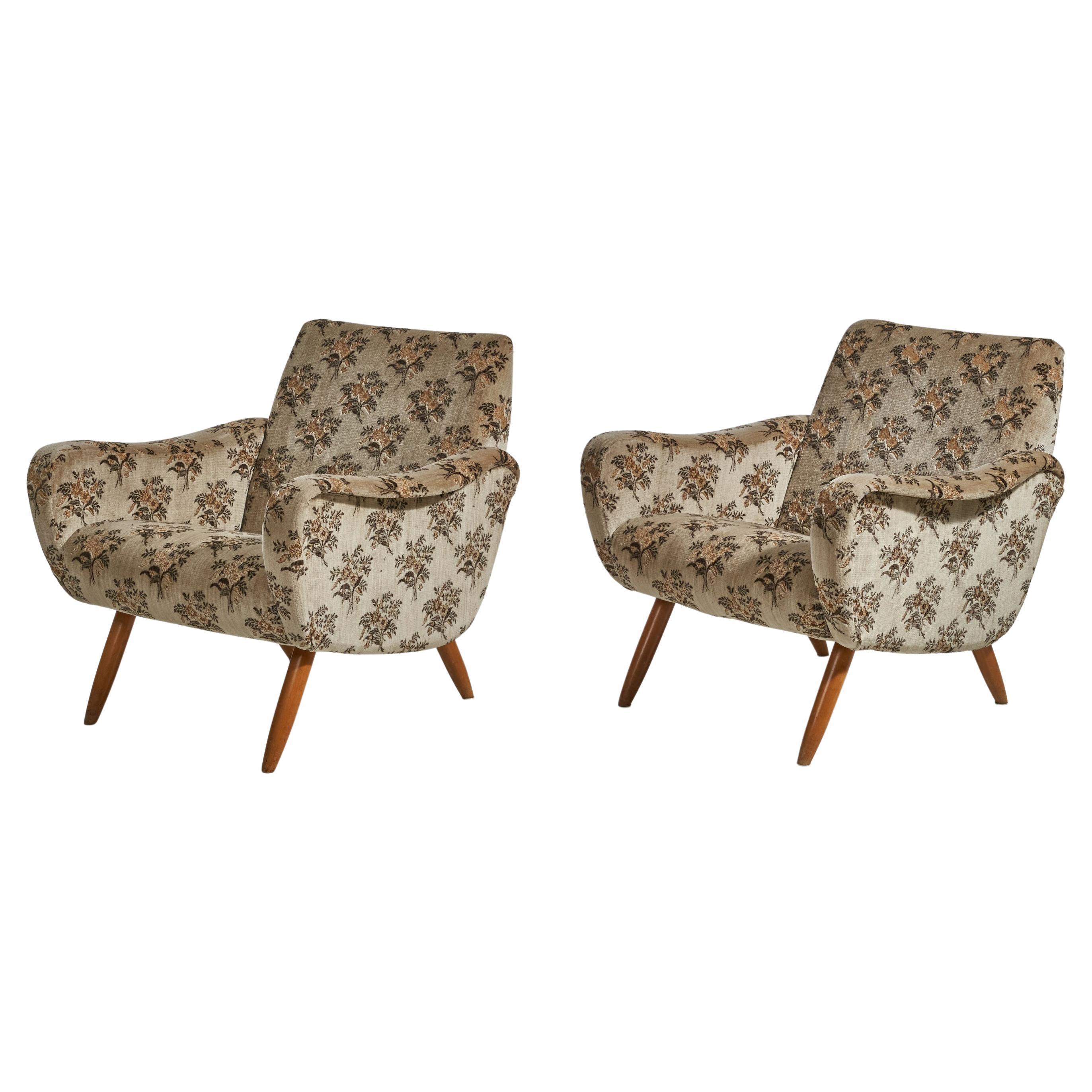 Kurt Hvitsjö, Lounge Chairs, Fabric, Stained Wood, Isku, Finland, 1950s For Sale