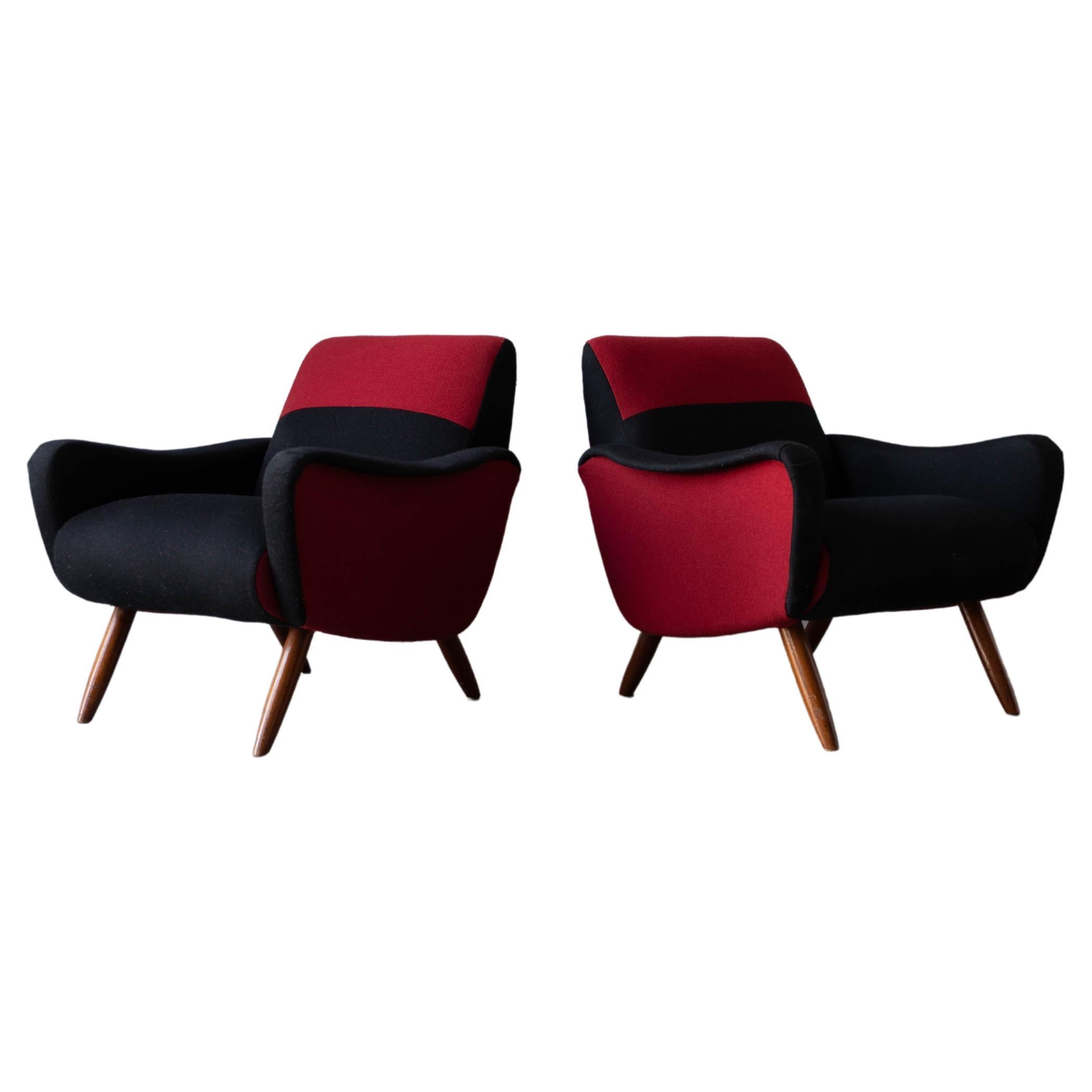 Kurt Hvitsjö, Freeform Lounge Chairs, Fabric, Stained Wood, Isku, Finland, 1950s