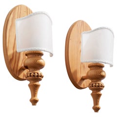 Kurt Lindén, Wall Lights, Pine, Fabric, Sweden, 1970s