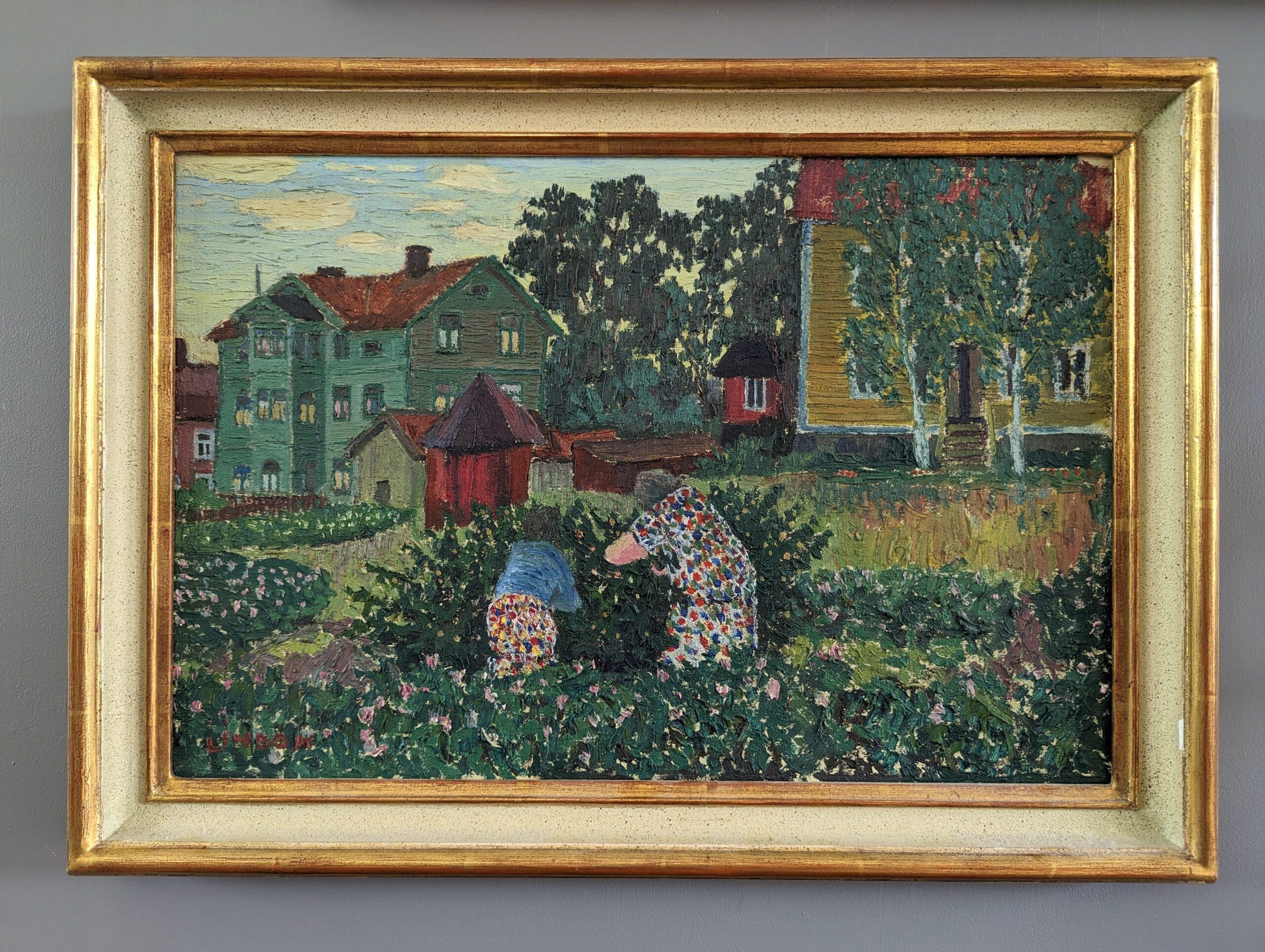 1943 Vintage Mid-Century Modernist Landscape Oil Painting - Summer Garden - Black Landscape Painting by Kurt Lindon