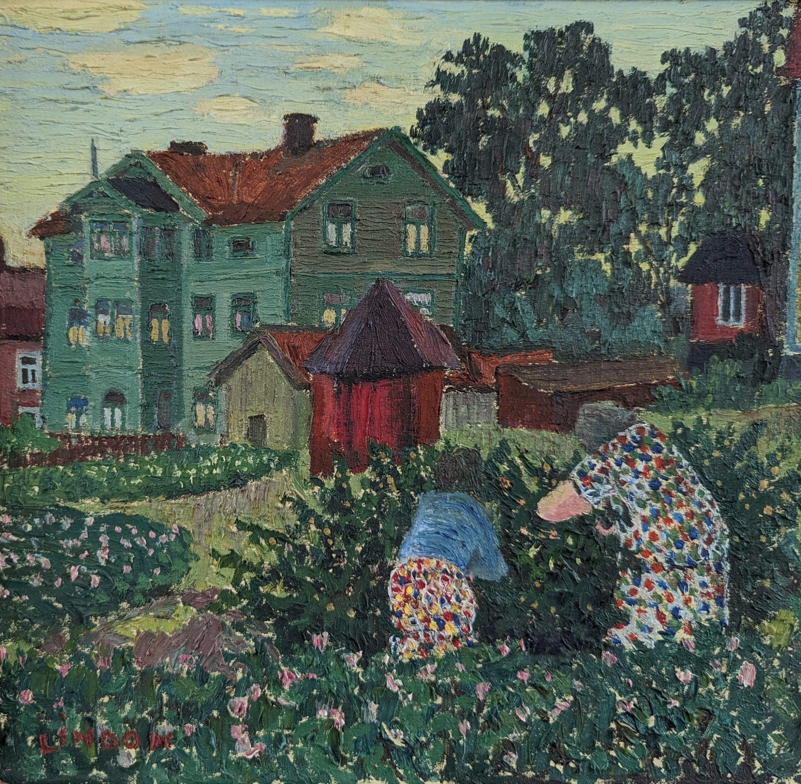 1943 Vintage Mid-Century Modernist Landscape Oil Painting - Summer Garden 1