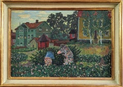 1943 Vintage Mid-Century Modernist Landscape Oil Painting - Summer Garden