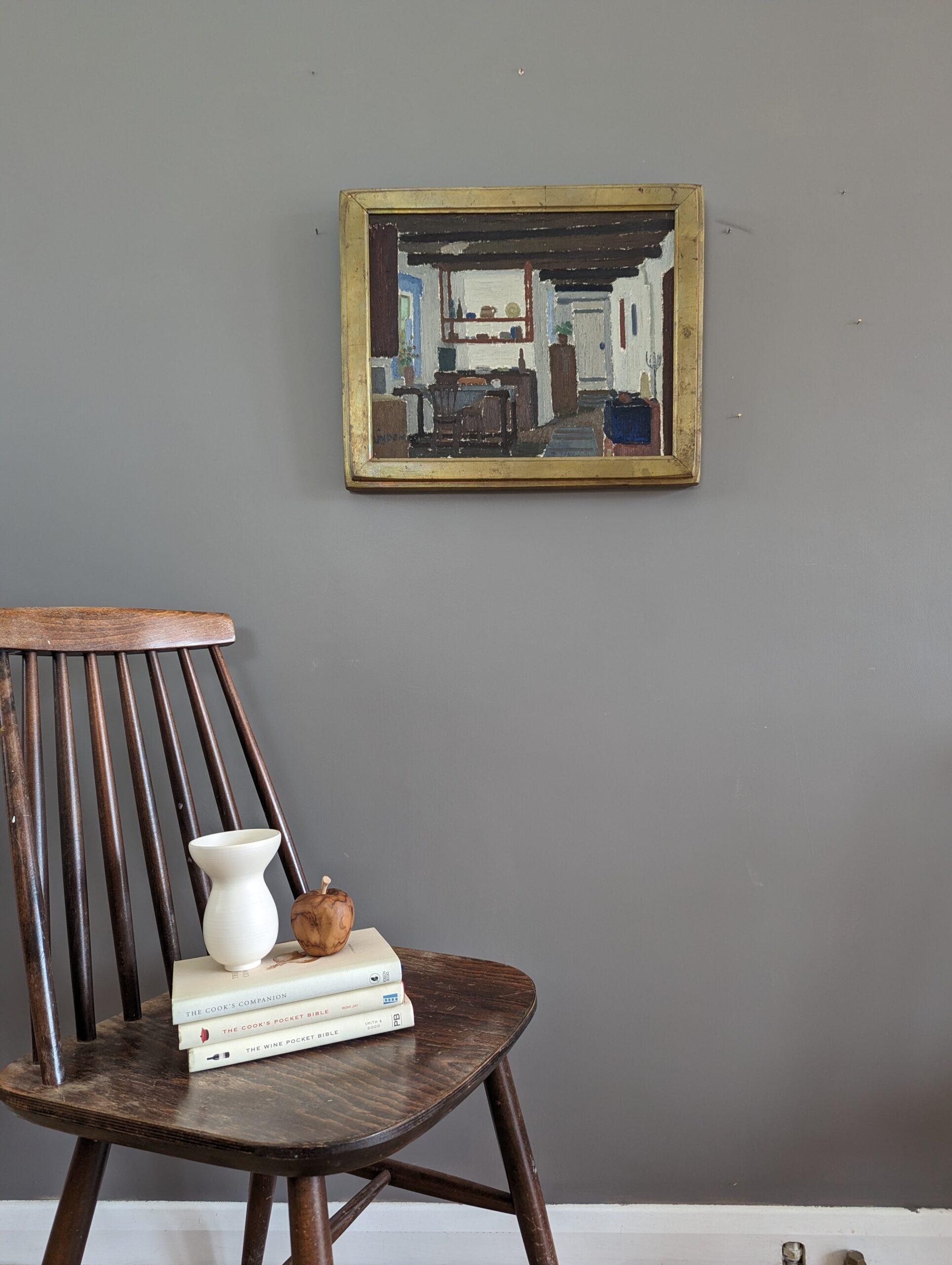 TO THE KITCHEN
Size: 37 x 45 cm (including frame)
Oil on Board

A brilliantly executed mid-century modernist interior scene, painted in oil onto board by Swedish artist Kurt Lindon (1910-1985), whose works can be found in the collections at the 