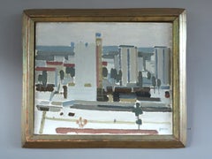 Vintage Mid-Century Modern Street Scene Landscape Oil Painting - City Blocks