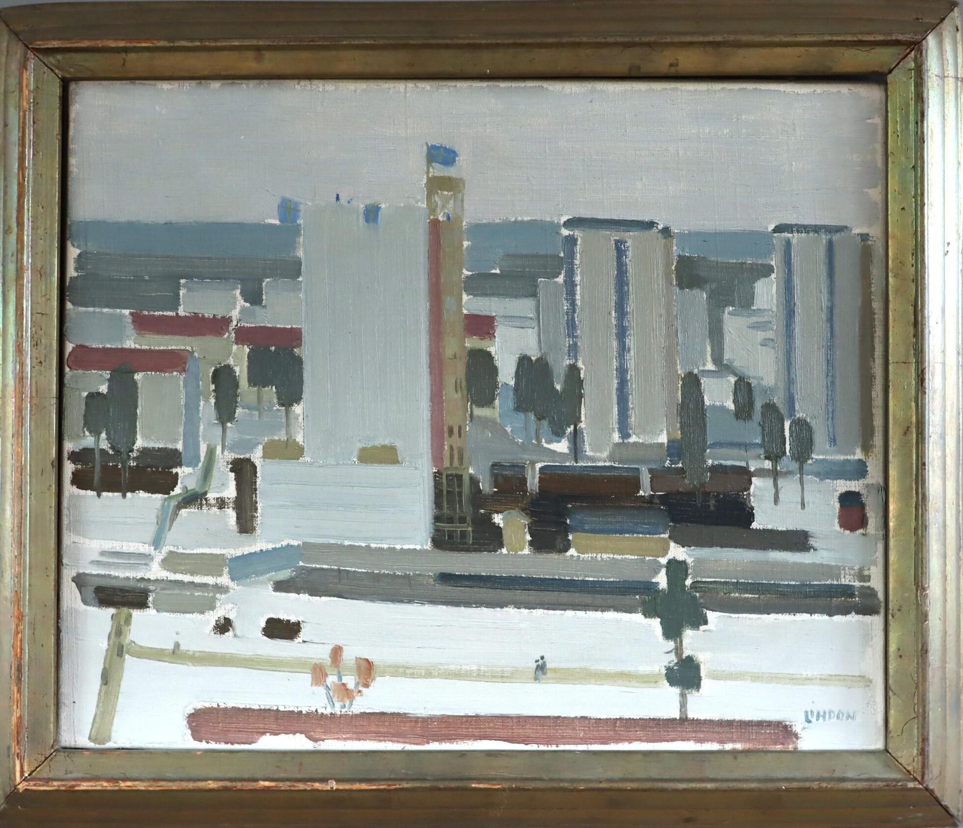 Kurt Lindon Landscape Painting - Vintage Mid-Century Modern Street Scene Landscape Oil Painting - City Blocks
