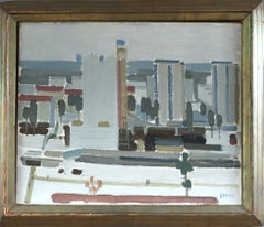 Vintage Mid-Century Modern Street Scene Landscape Oil Painting - City Blocks