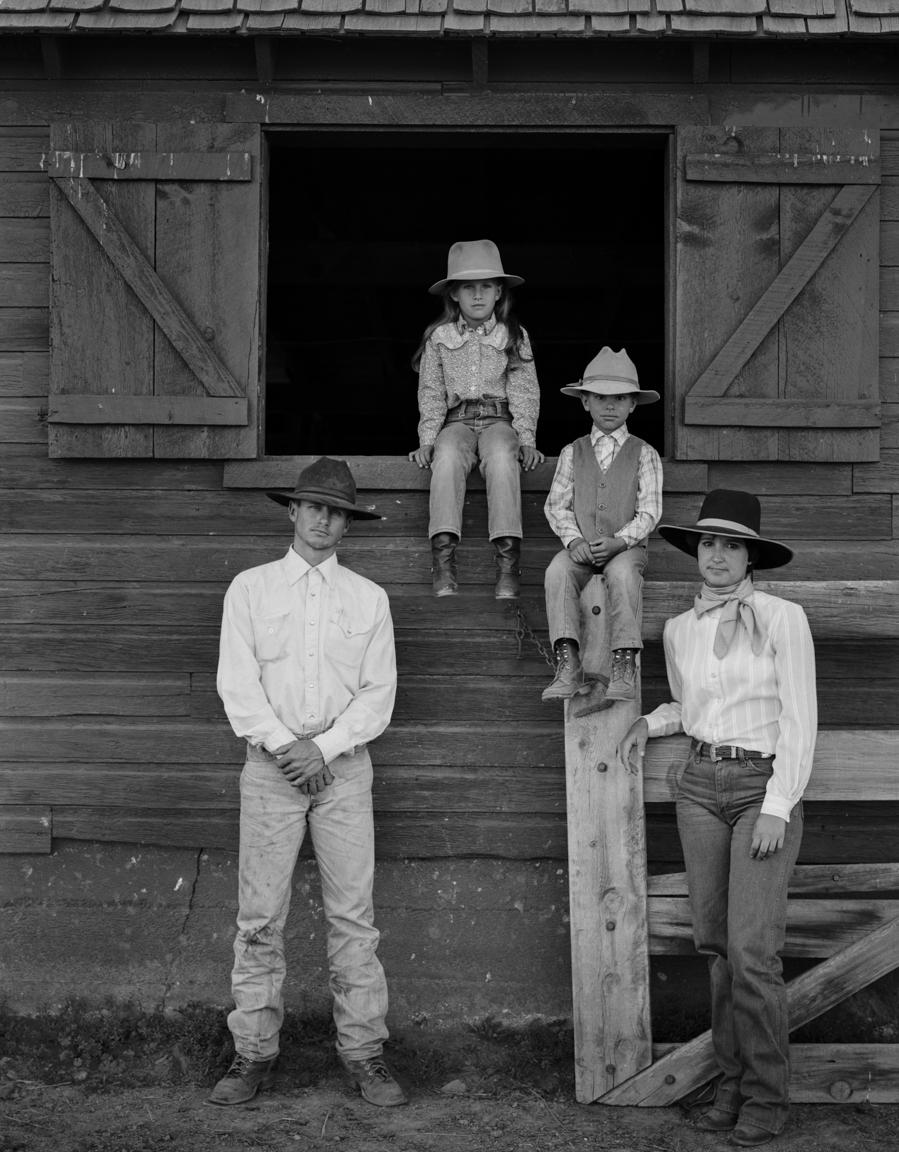Kurt Markus Black and White Photograph - Larry, Reata, John, and Toni Schutte, Maggie Creek Ranch, Carlin, Nevada