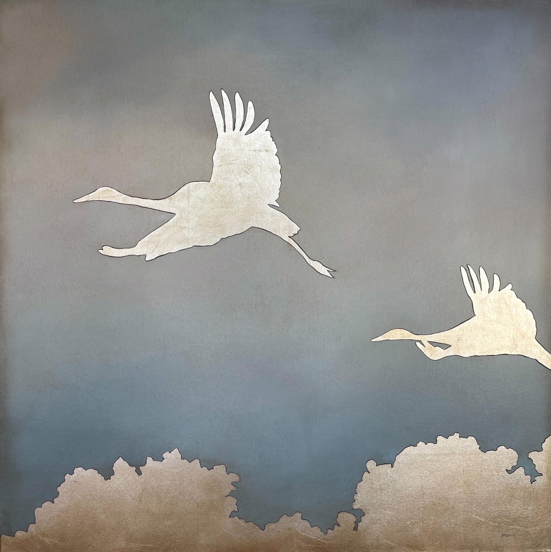 Aloft, oil painting, geese, landscape, sky, silver leaf