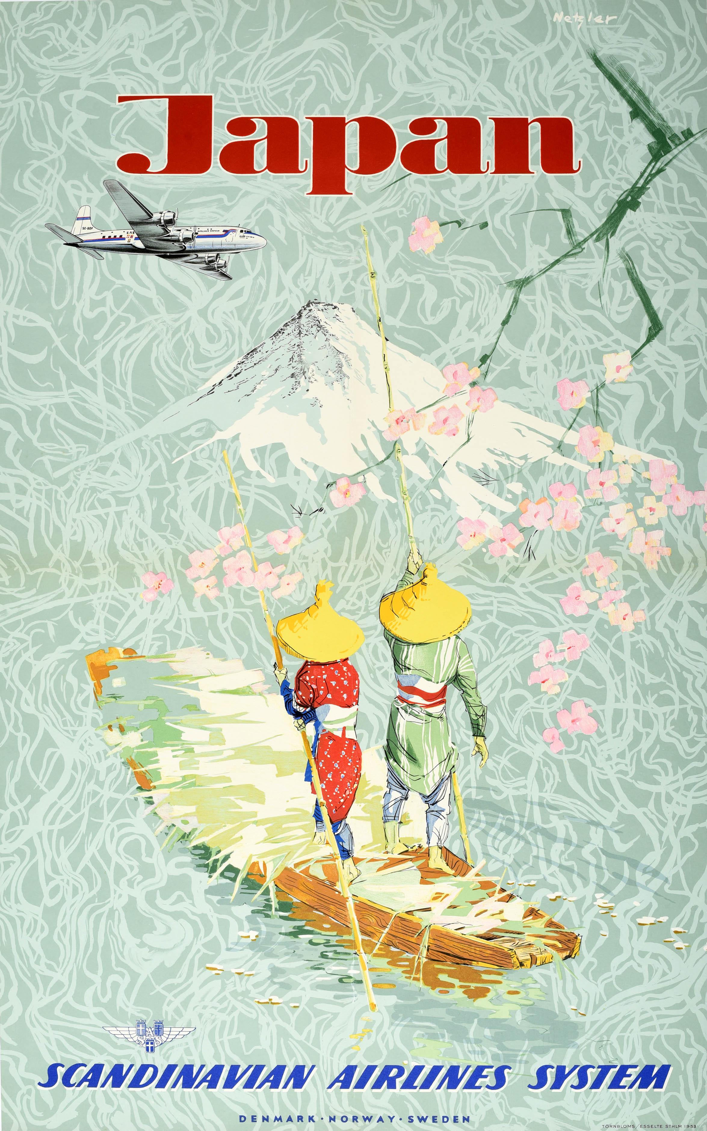 Kurt Netzler Print - Original Vintage Poster Japan SAS Scandinavian Airline Travel Mount Fuji Blossom