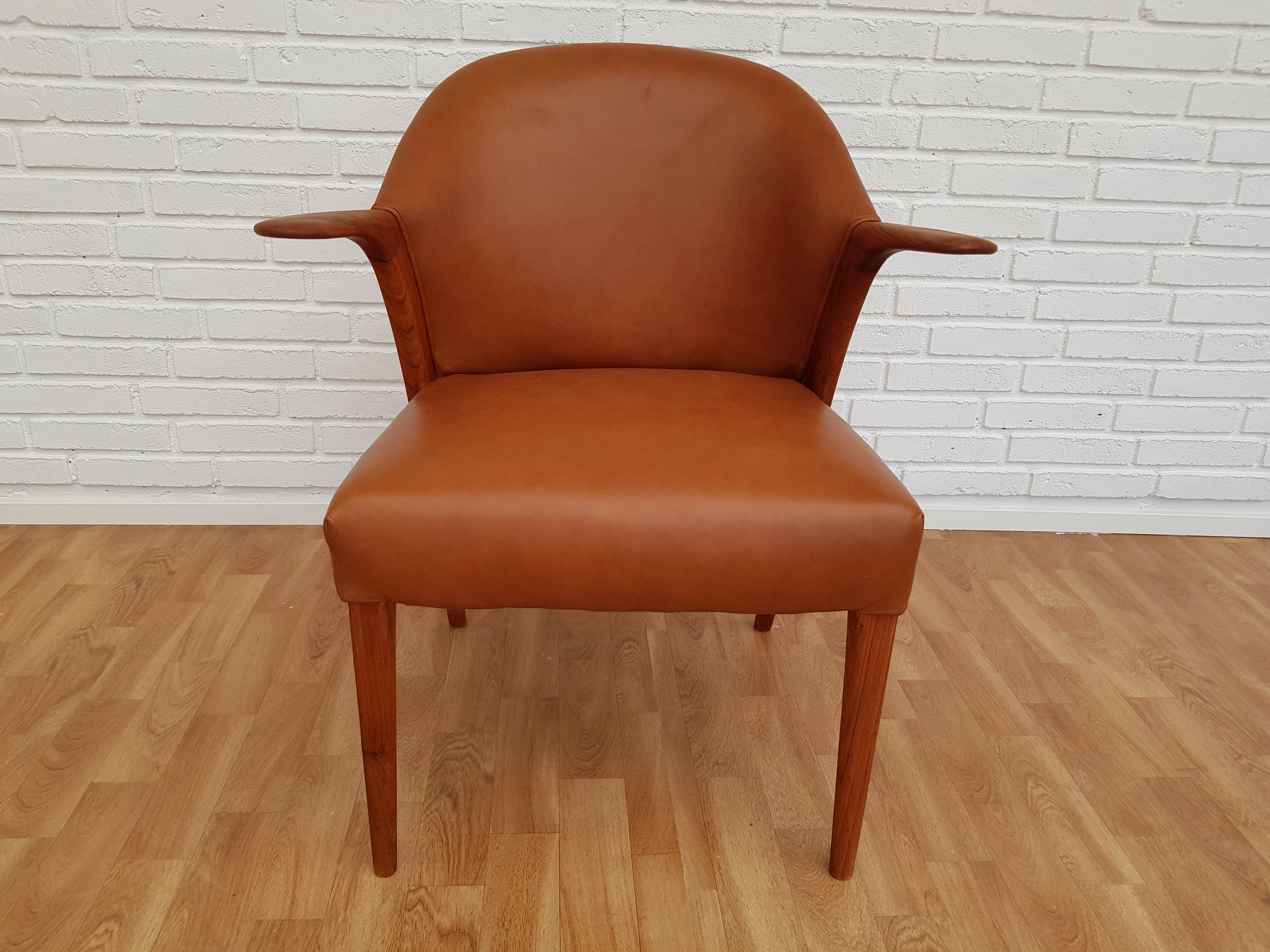Teak Danish Design by Kurt Olsen, Armchair 1960s, Leather, Completely Restored For Sale