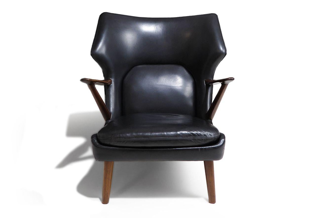 Scandinavian Modern Kurt Olsen Danish Rosewood Black Leather Bear Chair