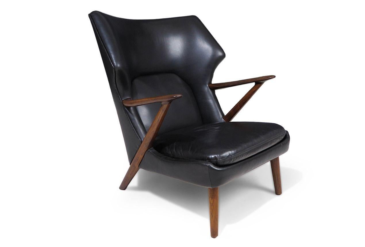 Oiled Kurt Olsen Danish Rosewood Black Leather Bear Chair