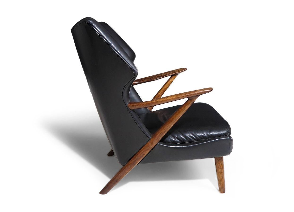 20th Century Kurt Olsen Danish Rosewood Black Leather Bear Chair