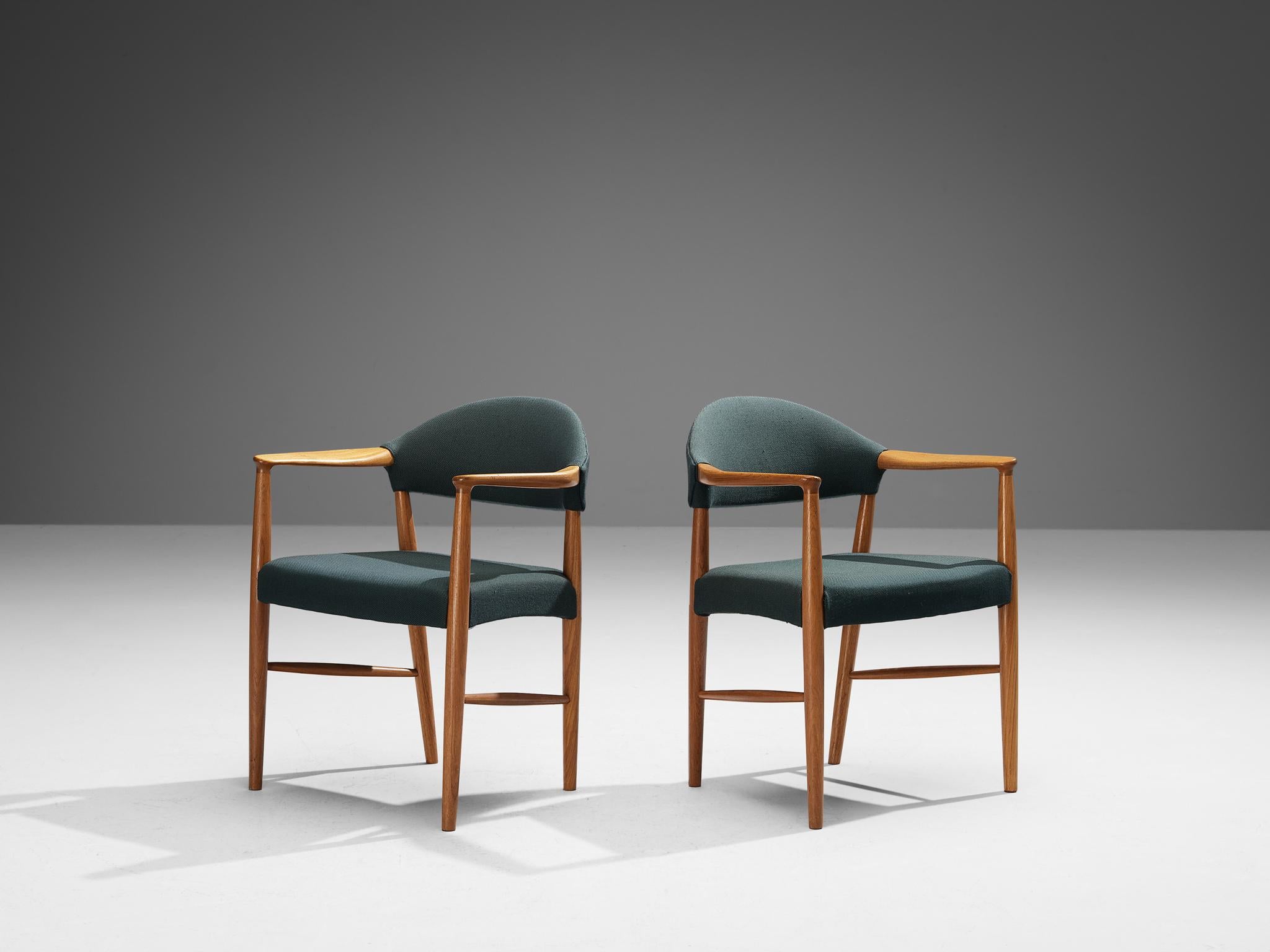 Kurt Olsen for Slagelse Mobelvaerk, dining chairs, model 223, fabric, teak, Denmark, 1960s

This armchair is designed by Kurt Olsen for Slagelse Mobelvaerk and epitomizes comfort and functionality through its impeccably shaped armrests and ergonomic