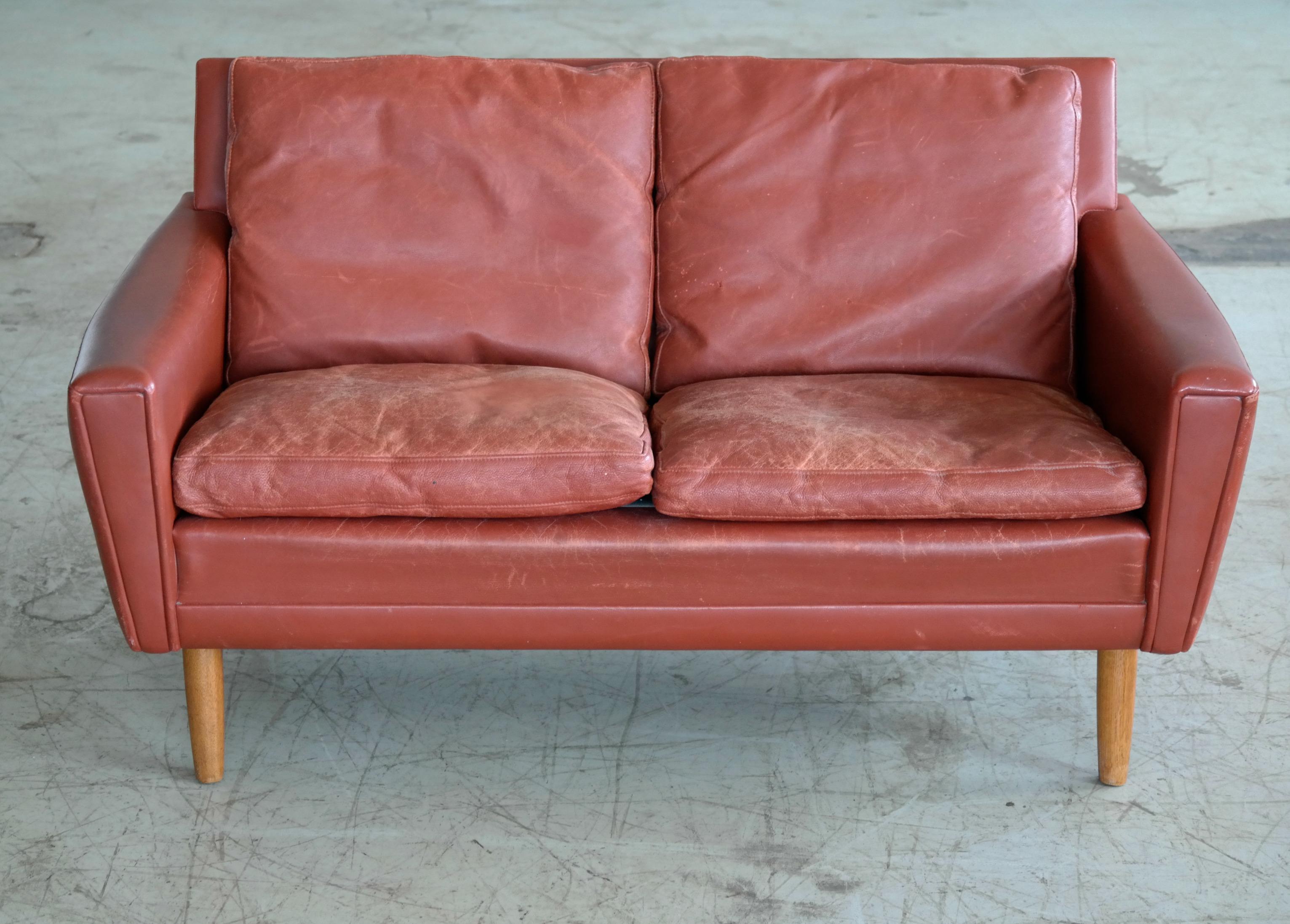 Danish Kurt Ostervig Attributed Love Seat or Settee in Red Leather Denmark 1960s