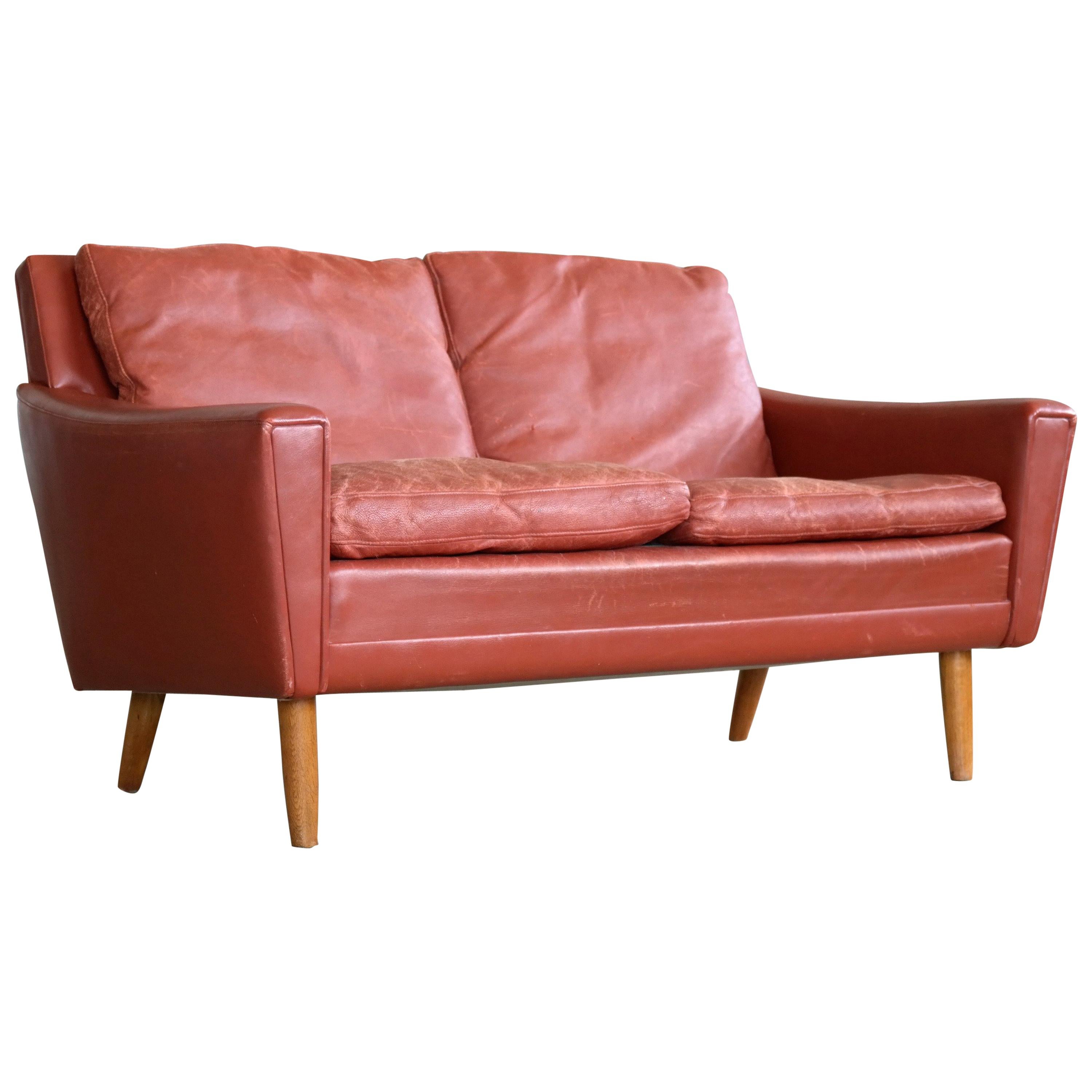 Kurt Ostervig Attributed Love Seat or Settee in Red Leather Denmark 1960s