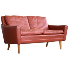 Retro Kurt Ostervig Attributed Love Seat or Settee in Red Leather Denmark 1960s