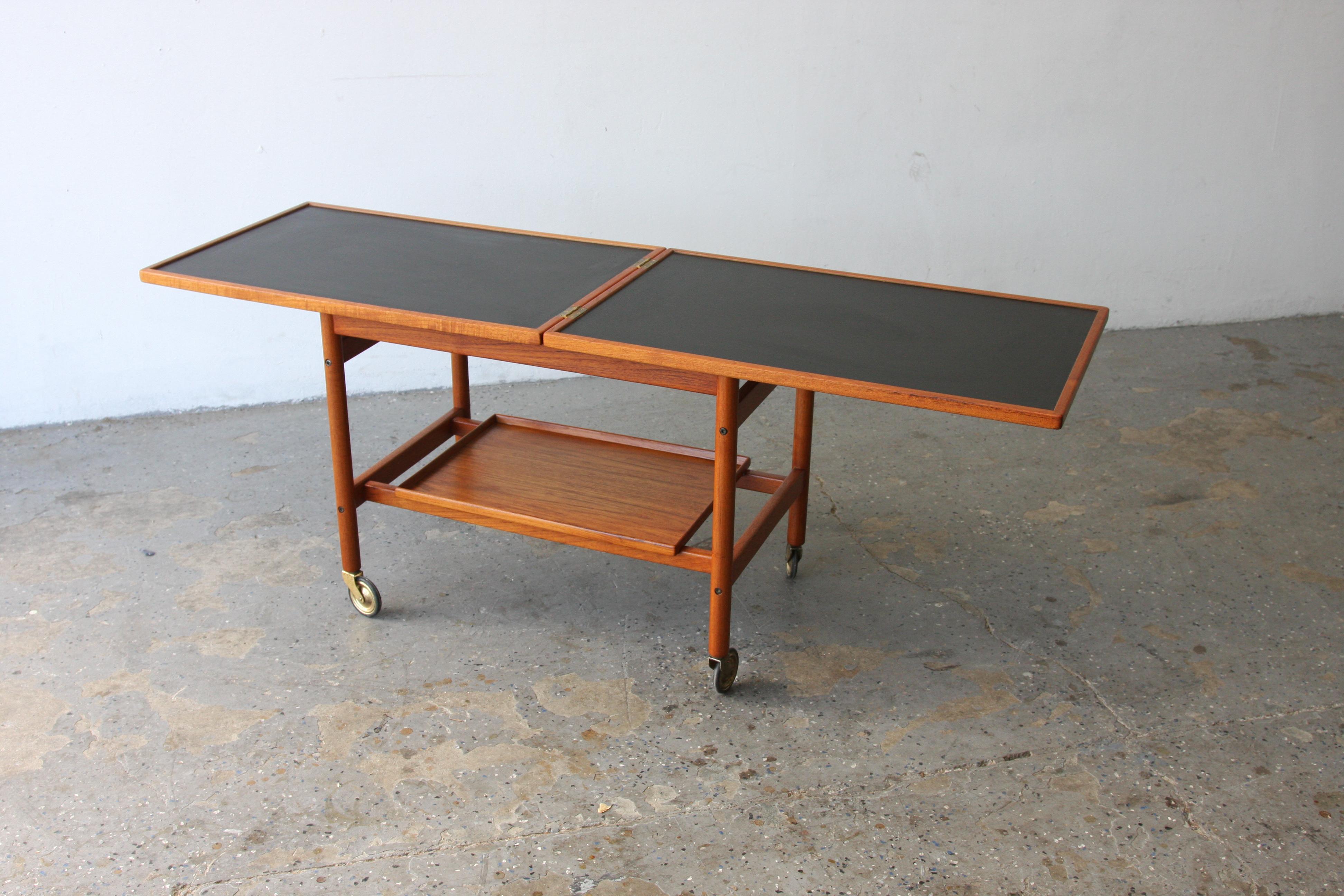 Brass Kurt Ostervig Mid Century Danish Modern Teak Expandable Two Tier Tea Bar Cart For Sale
