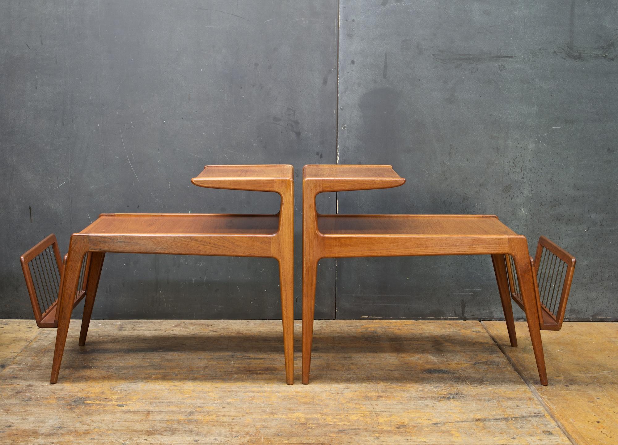 Rare variation model no.202 with removable brass paper rack by Kurt Østervig for Jason Møbler of Denmark.

Each measures
W 16.5 x D 31.63 x low Lg shelf, H 17.38 x total H 24.38 in.