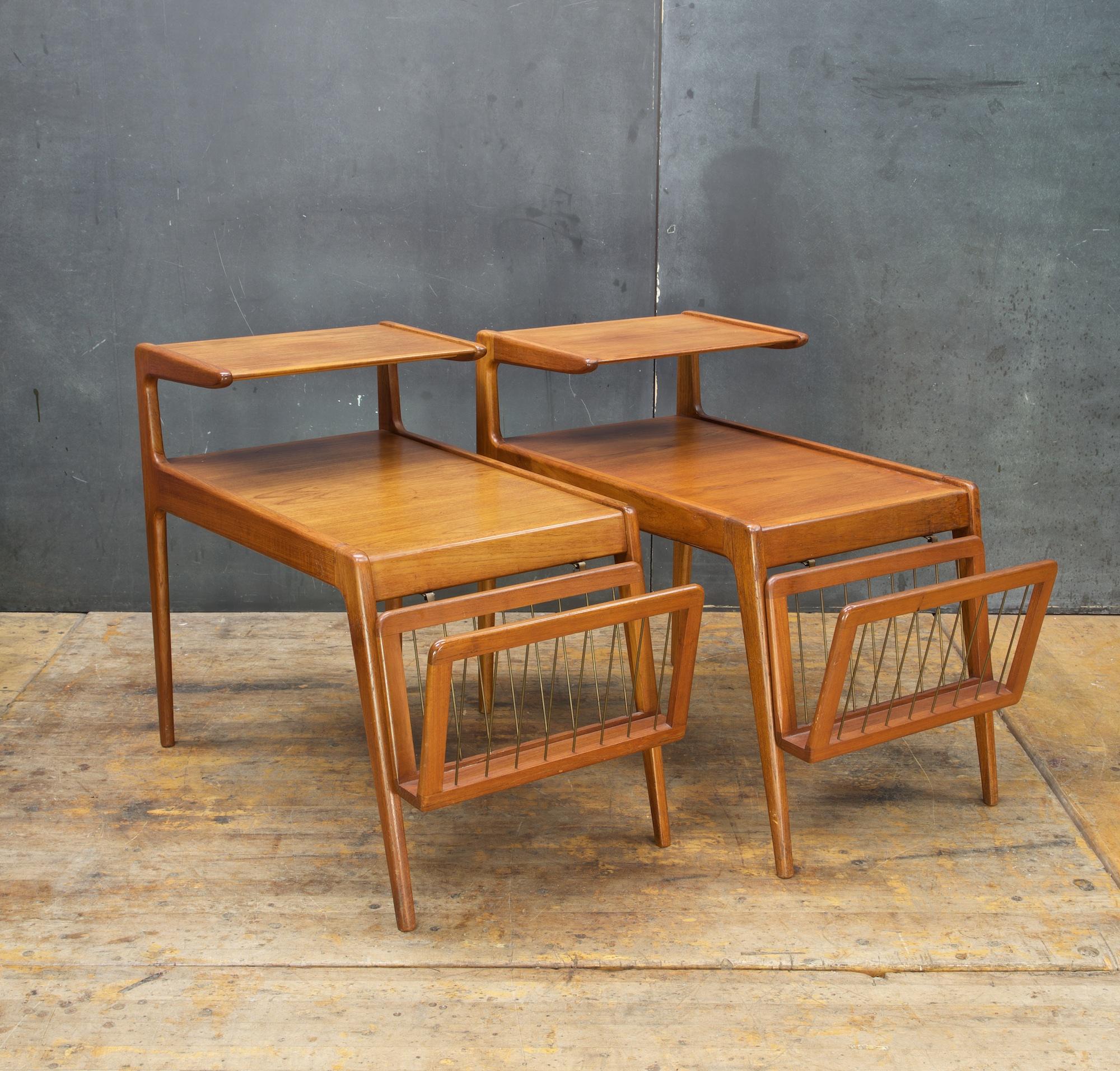 Scandinavian Modern Kurt Ostervig Teak Tiered Danish Tables Brass Magazine Racks Scandinavian Pair