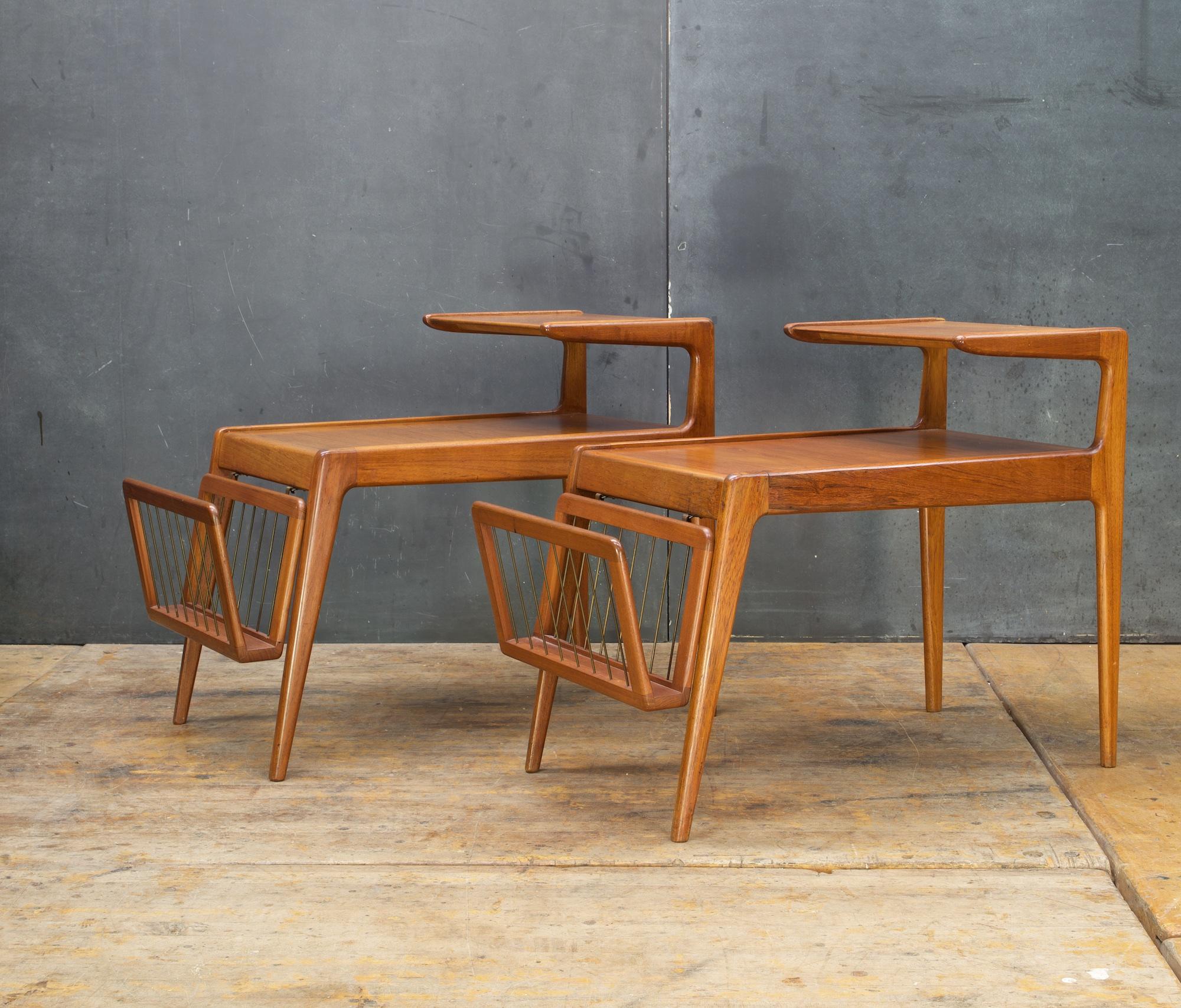 European Kurt Ostervig Teak Tiered Danish Tables Brass Magazine Racks Scandinavian Pair