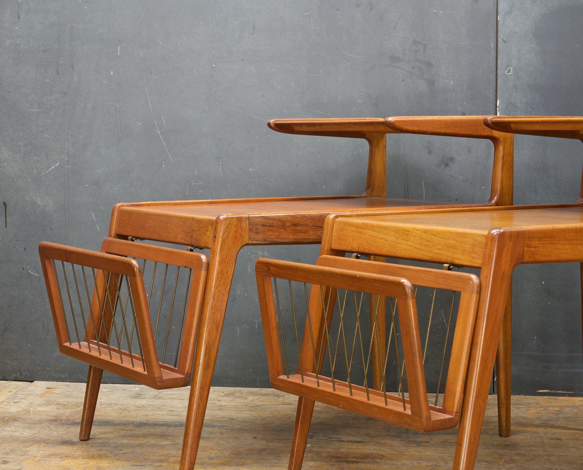 Oiled Kurt Ostervig Teak Tiered Danish Tables Brass Magazine Racks Scandinavian Pair