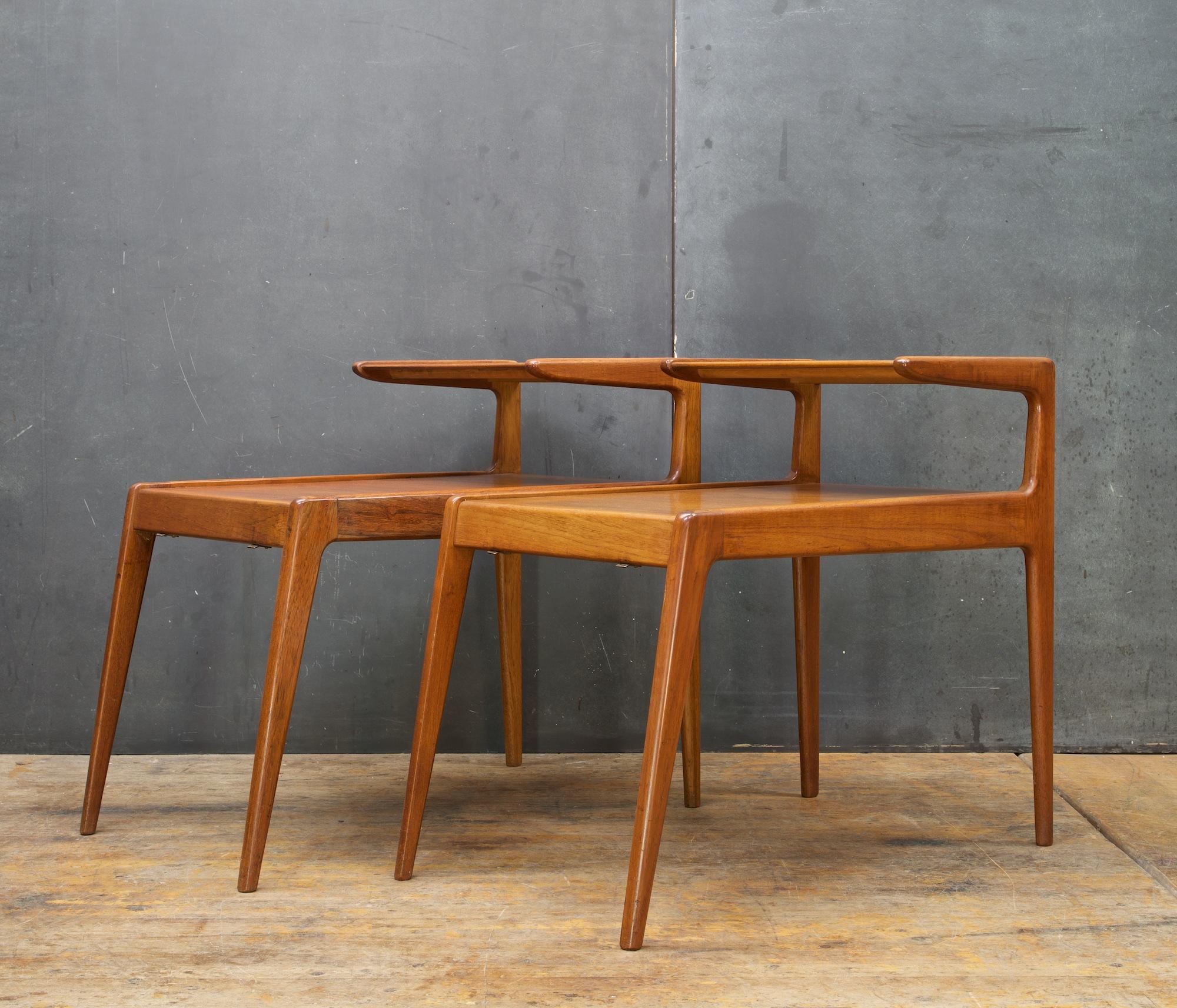Kurt Ostervig Teak Tiered Danish Tables Brass Magazine Racks Scandinavian Pair In Fair Condition In Hyattsville, MD