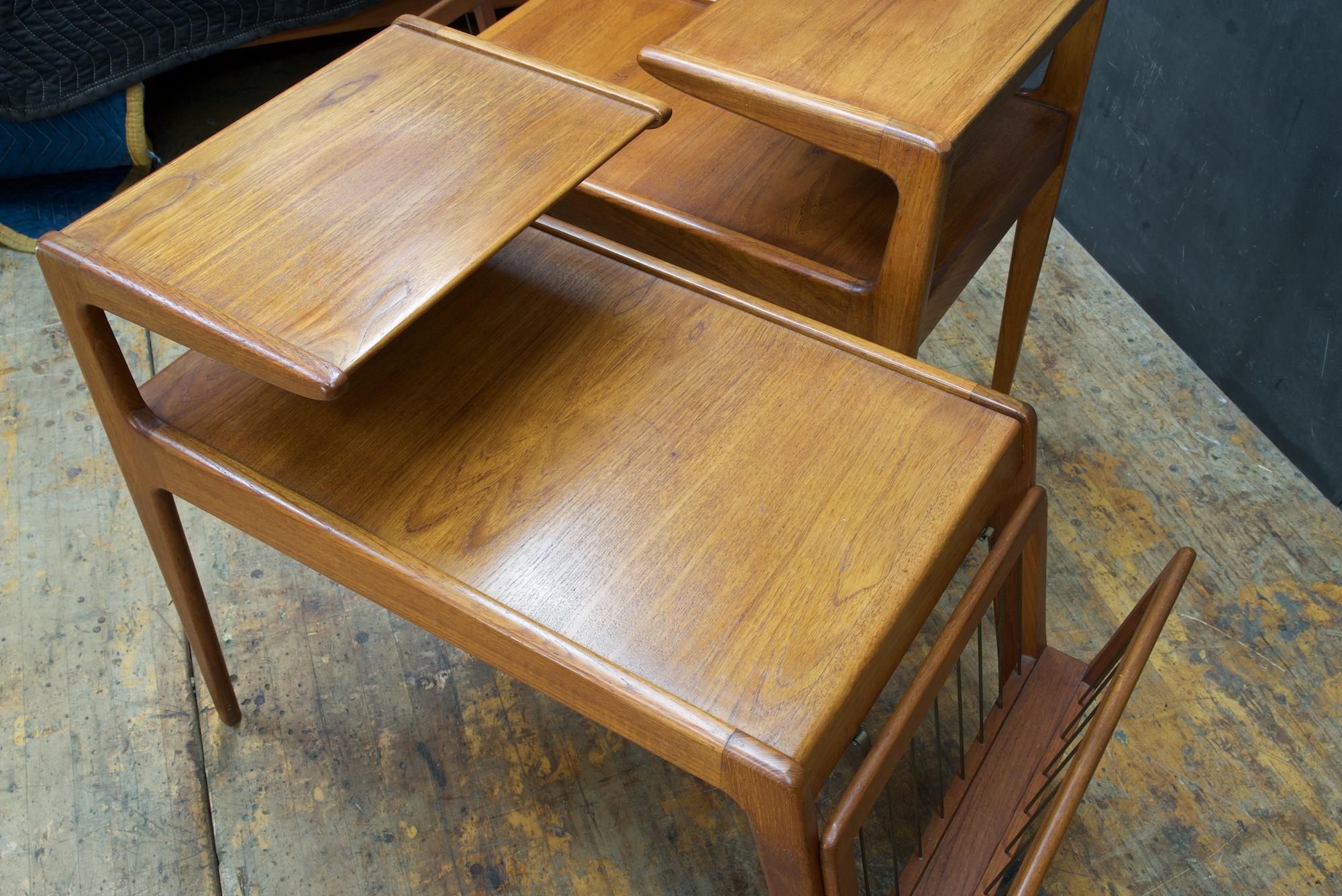 Mid-20th Century Kurt Ostervig Teak Tiered Danish Tables Brass Magazine Racks Scandinavian Pair
