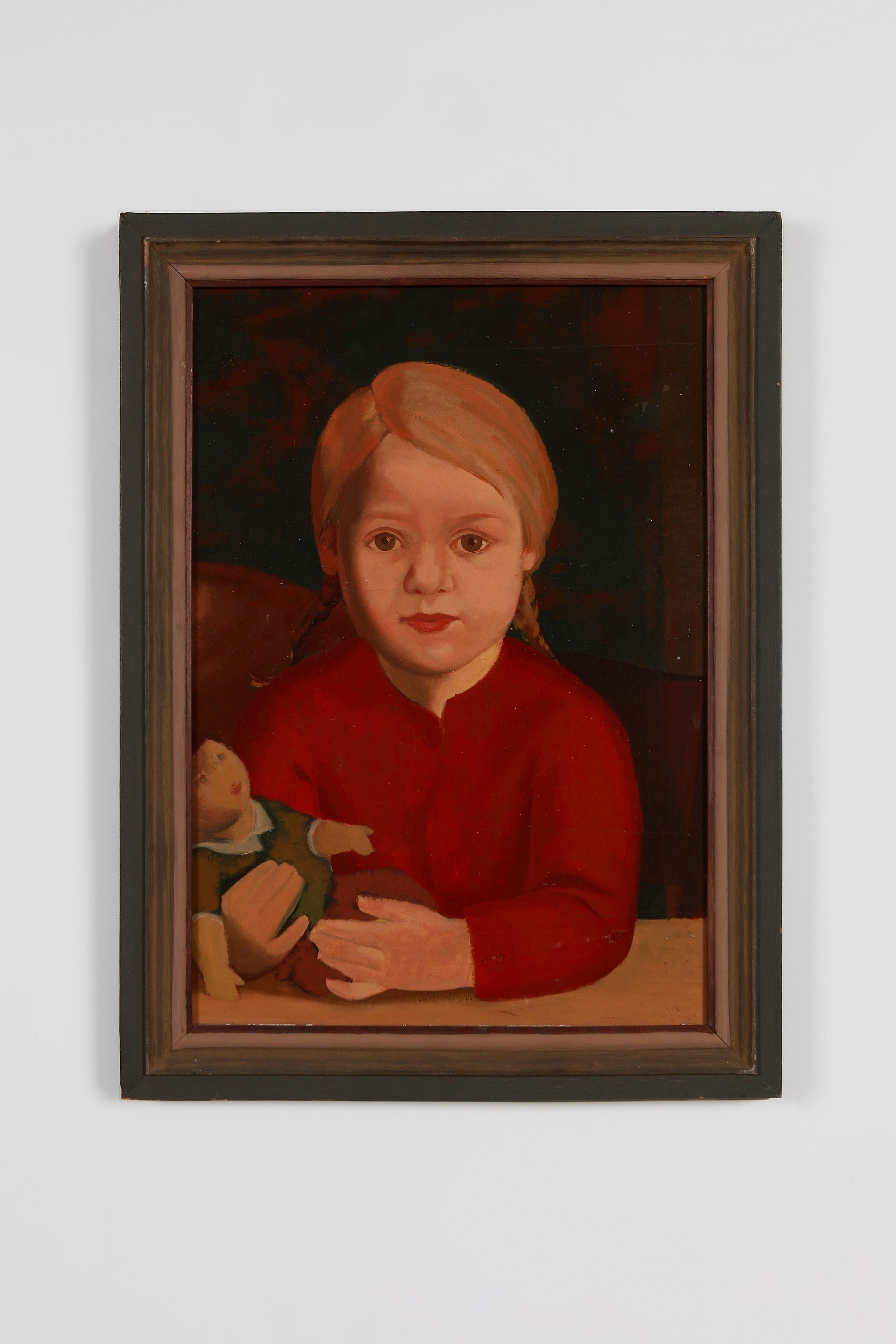 An expressive portrait of a young girl with her doll. Oil on canvas and plywood, around 1928, by Kurt Schütze ( 1902-1971 ), Germany. Signed on the back: K. Schütze. Framed. Height: 18.31 in ( 46,5 cm ), Width: 12.6 in ( 32 cm )
Framed: 25.39 x