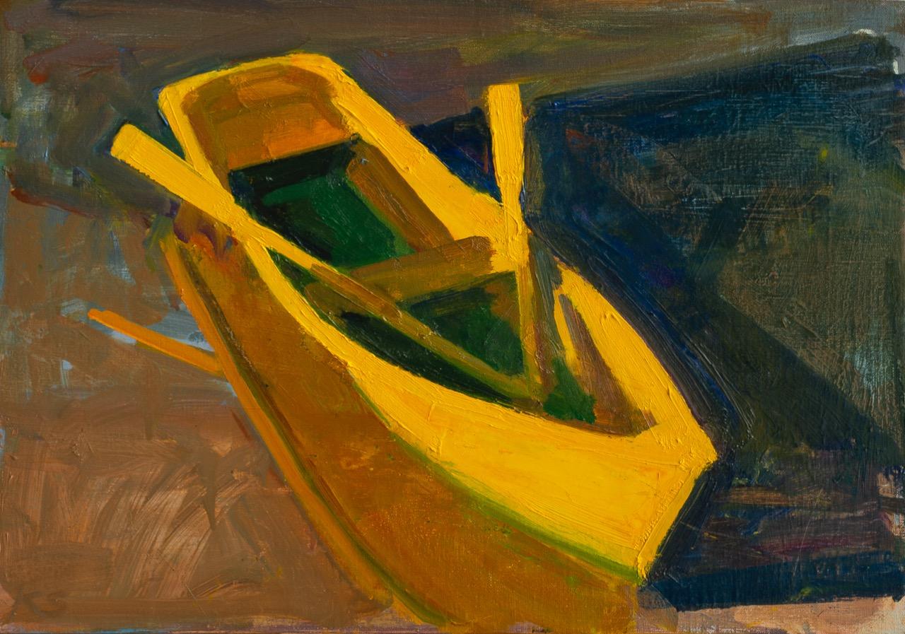 Landscape Painting Kurt Solmssen - bateau jaune, 7AM