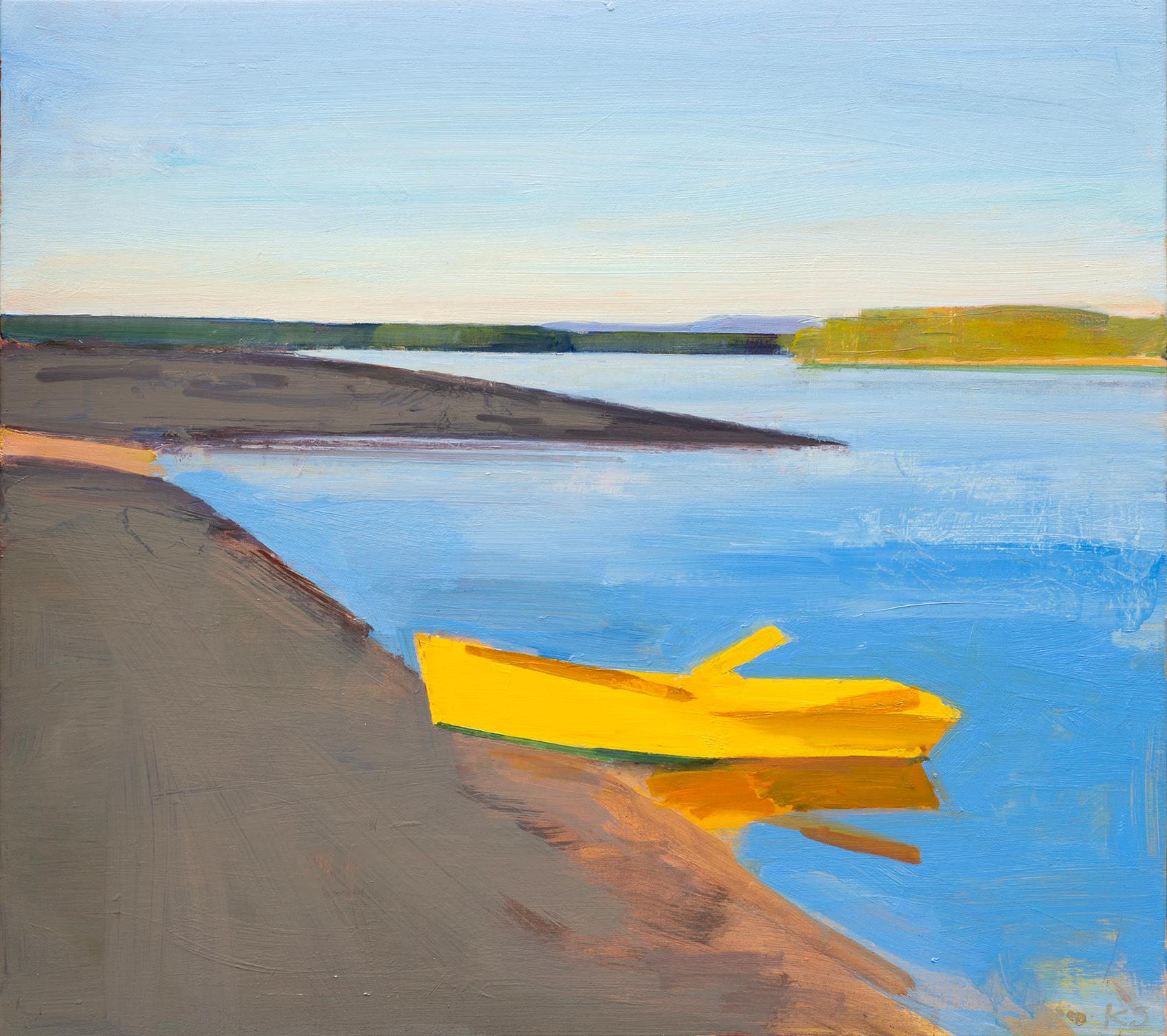 Kurt Solmssen Landscape Painting - Yellow Boat at Rocky Bay