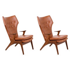 Used Expertly Restored - Kurt Østervig Cognac Leather Wing Chairs for Rolschau Møbler