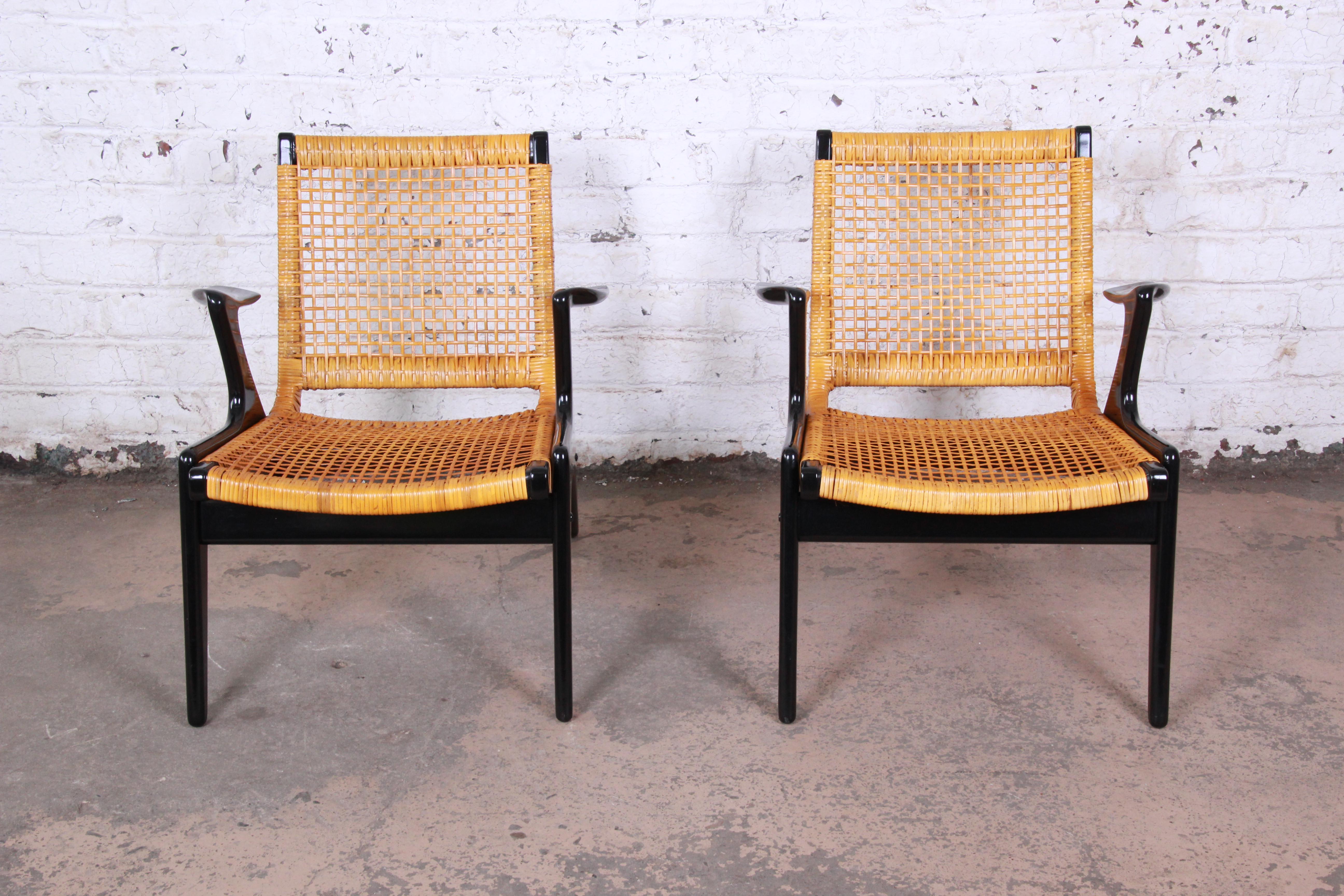 Cane Kurt Østervig Danish Modern Lounge Chairs, Pair