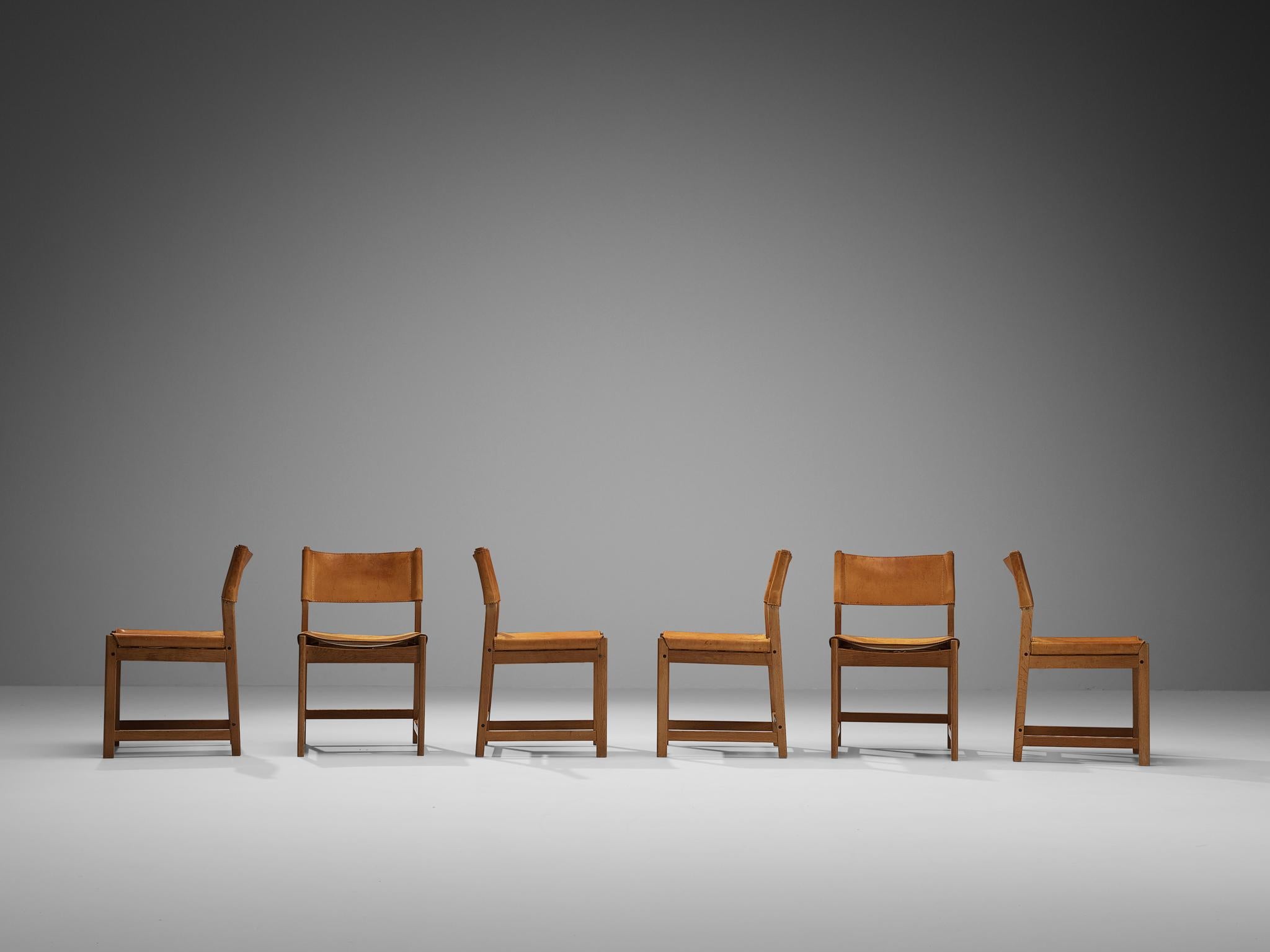 Danish Kurt Østervig for Sibast Set of Six Dining Chairs in Cognac Leather and Oak