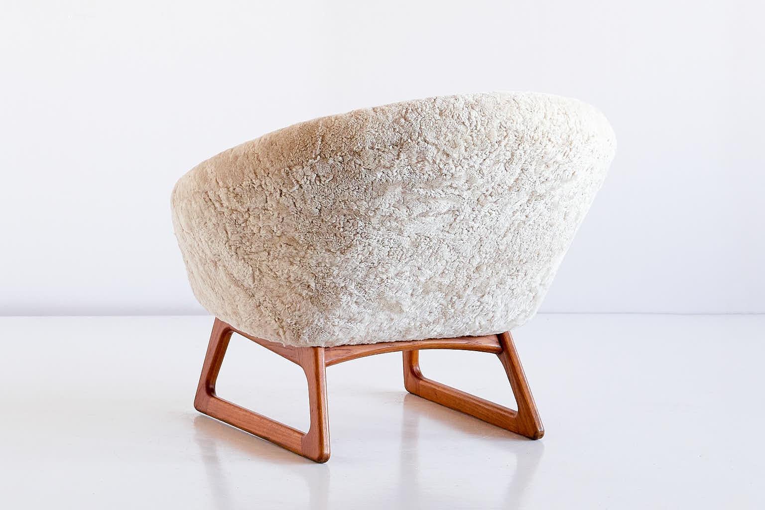 Wood Kurt Østervig Sheepskin Lounge Chair, Model 57A, Rolschau Møbler, Denmark, 1958