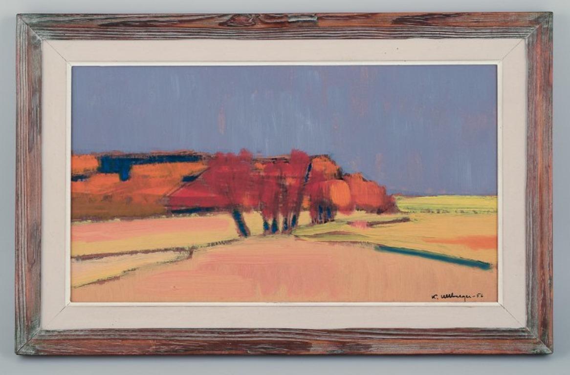 Kurt Ullberger (1919-2008) Swedish artist. 
Oil on board.
Modernist autumn landscape.
Coloristic palette.
Signed and dated '56 (1956).
In excellent condition.
Dimensions: 42.0 cm x 23.5 cm.
Total dimensions: 50.5 cm x 32.0 cm.