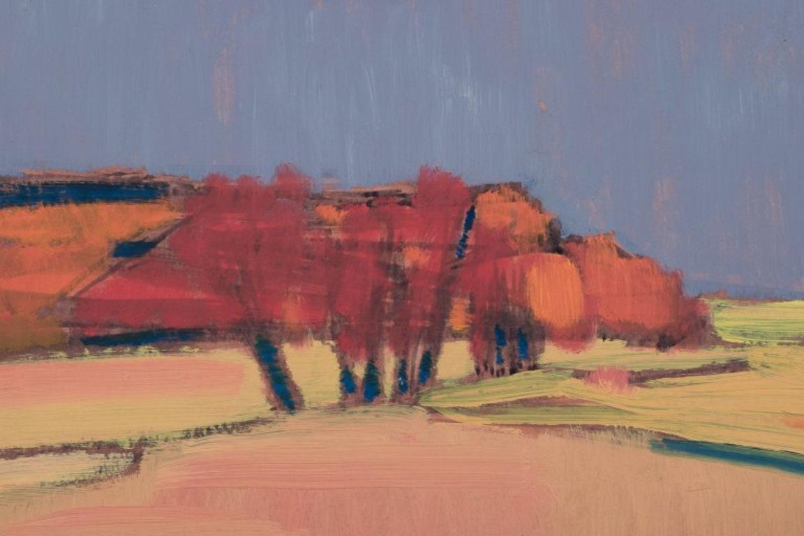 Kurt Ullberger, Swedish artist. Oil on board. Modernist autumn landscape. In Excellent Condition In Copenhagen, DK