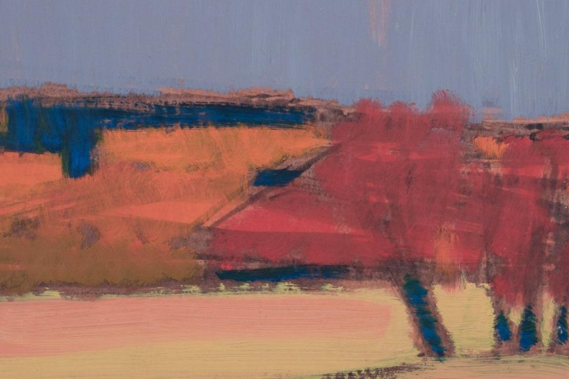 Mid-20th Century Kurt Ullberger, Swedish artist. Oil on board. Modernist autumn landscape.
