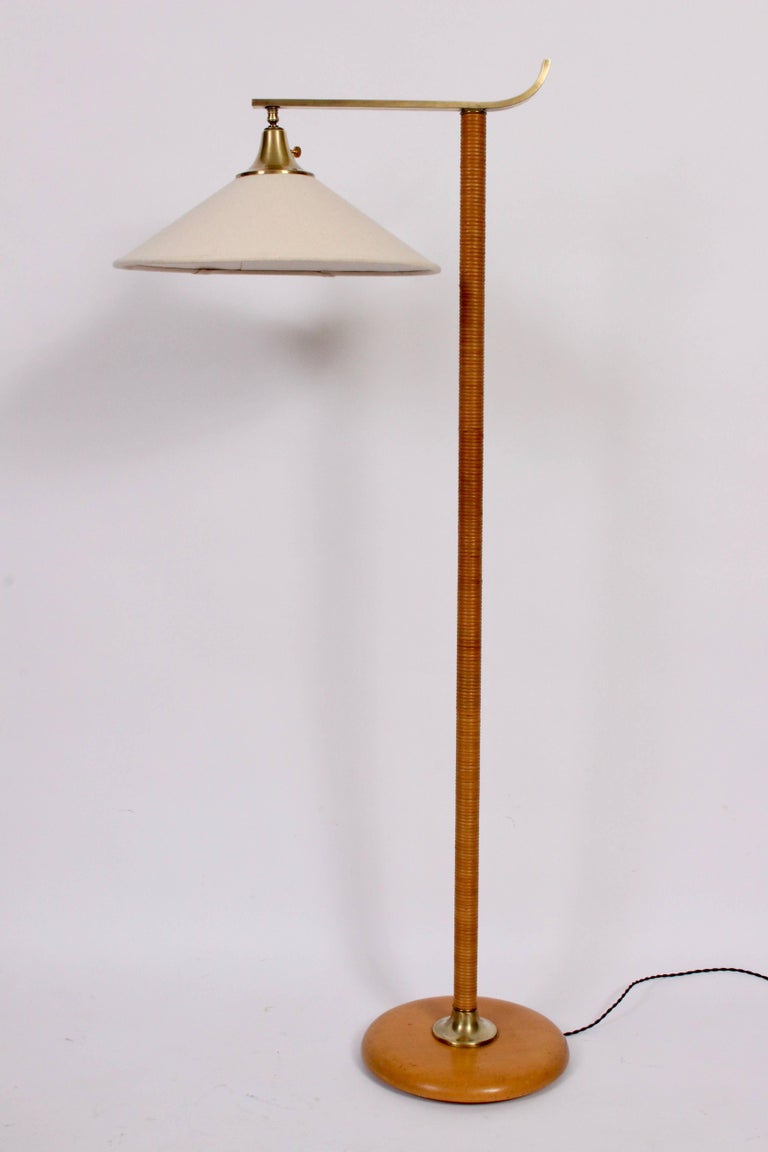 Kurt Versen Maple Rattan And Brass Floor Lamp With Linen Shade Rare Late Art Deco Kurt Versen Maple And Rattan Reading Floor Lamp With Brass Details