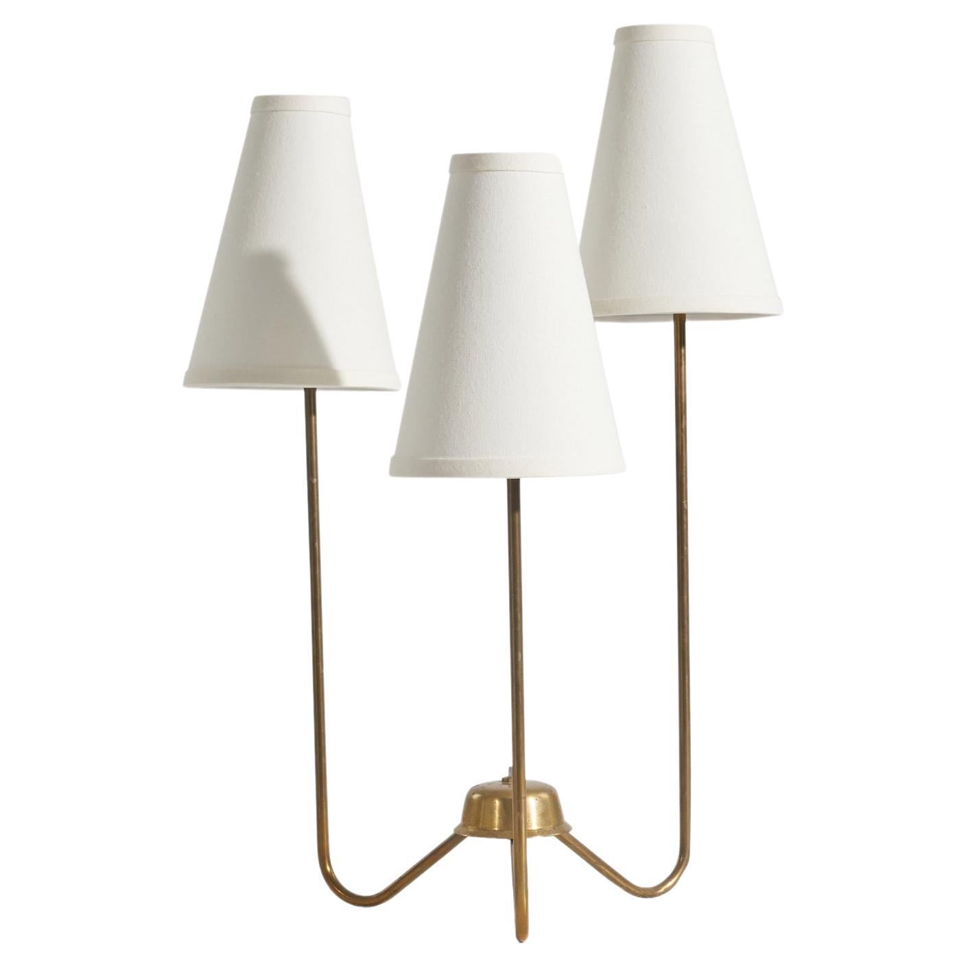 Kurt Versen, Three-Armed Table Lamp, Brass, Fabric, Usa, 1950s For Sale