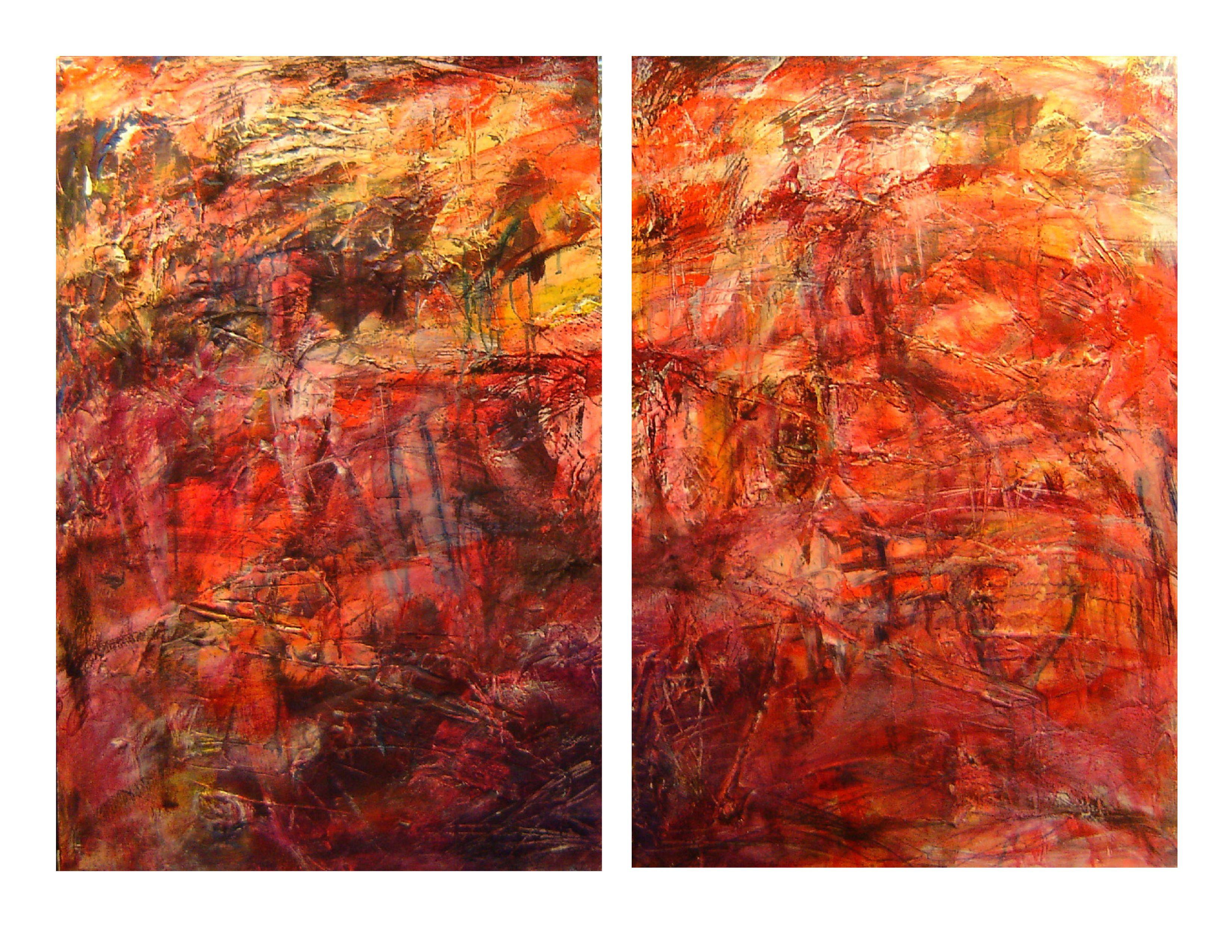 set of two, each 24" x 36"  acrylic and plaster on Mason Board :: Painting :: Abstract Expressionism :: This piece comes with an official certificate of authenticity signed by the artist :: Ready to Hang: No :: Signed: Yes :: Signature Location: